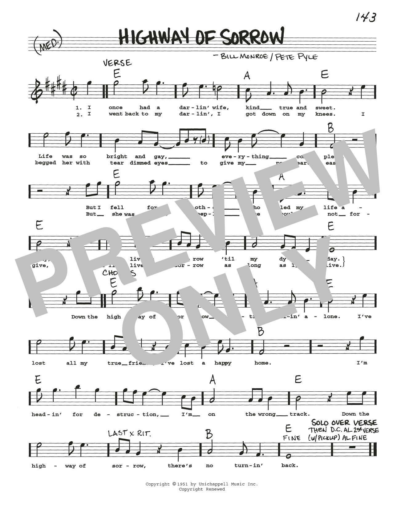 Download Bill Monroe Highway Of Sorrow Sheet Music and learn how to play Real Book – Melody, Lyrics & Chords PDF digital score in minutes