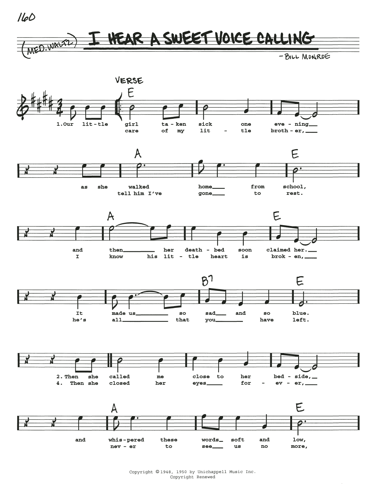 Download Bill Monroe I Hear A Sweet Voice Calling Sheet Music and learn how to play Real Book – Melody, Lyrics & Chords PDF digital score in minutes