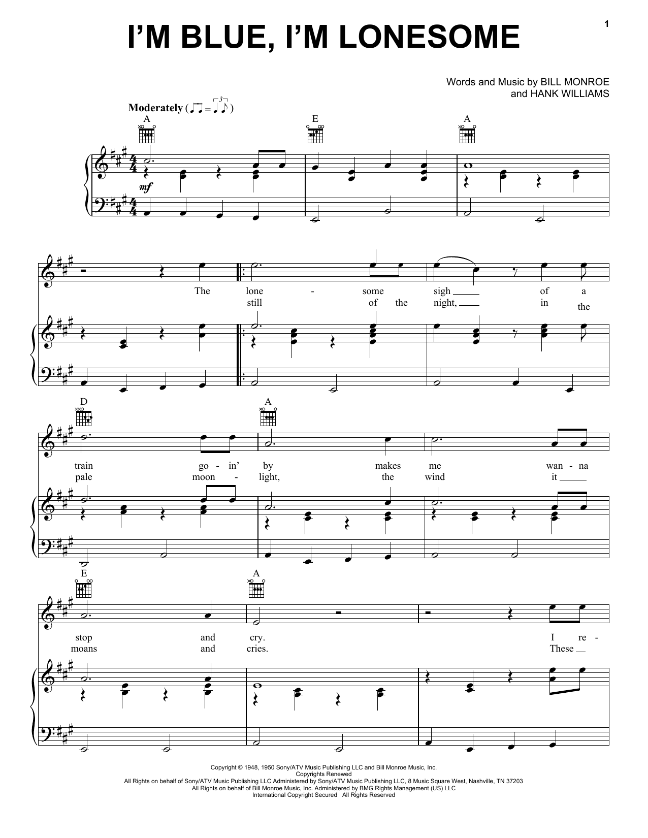 Download Bill Monroe I'm Blue, I'm Lonesome Sheet Music and learn how to play Piano, Vocal & Guitar (Right-Hand Melody) PDF digital score in minutes