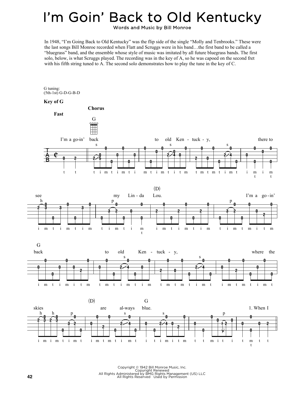 Download Bill Monroe I'm Goin' Back To Old Kentucky (arr. Fred Sokolow) Sheet Music and learn how to play Banjo Tab PDF digital score in minutes