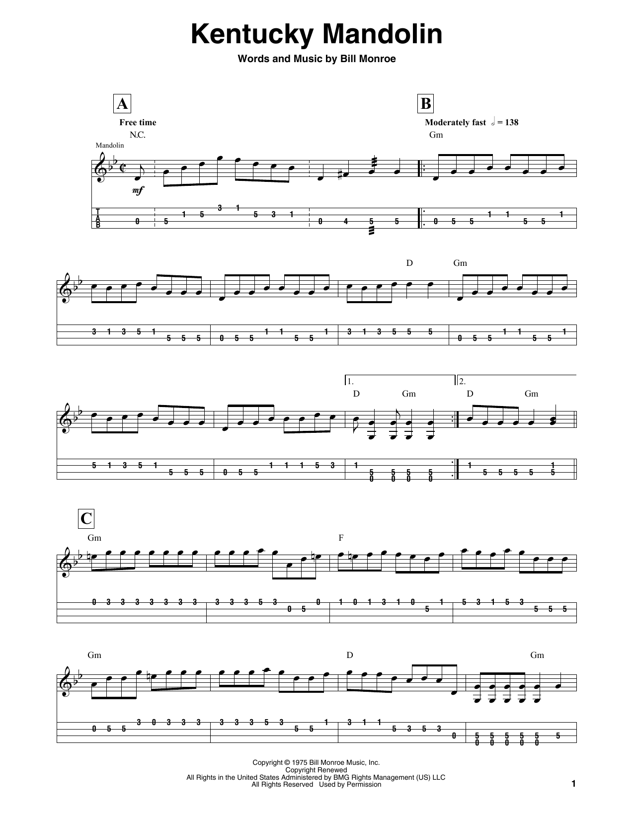 Download Bill Monroe Kentucky Mandolin Sheet Music and learn how to play Mandolin Tab PDF digital score in minutes