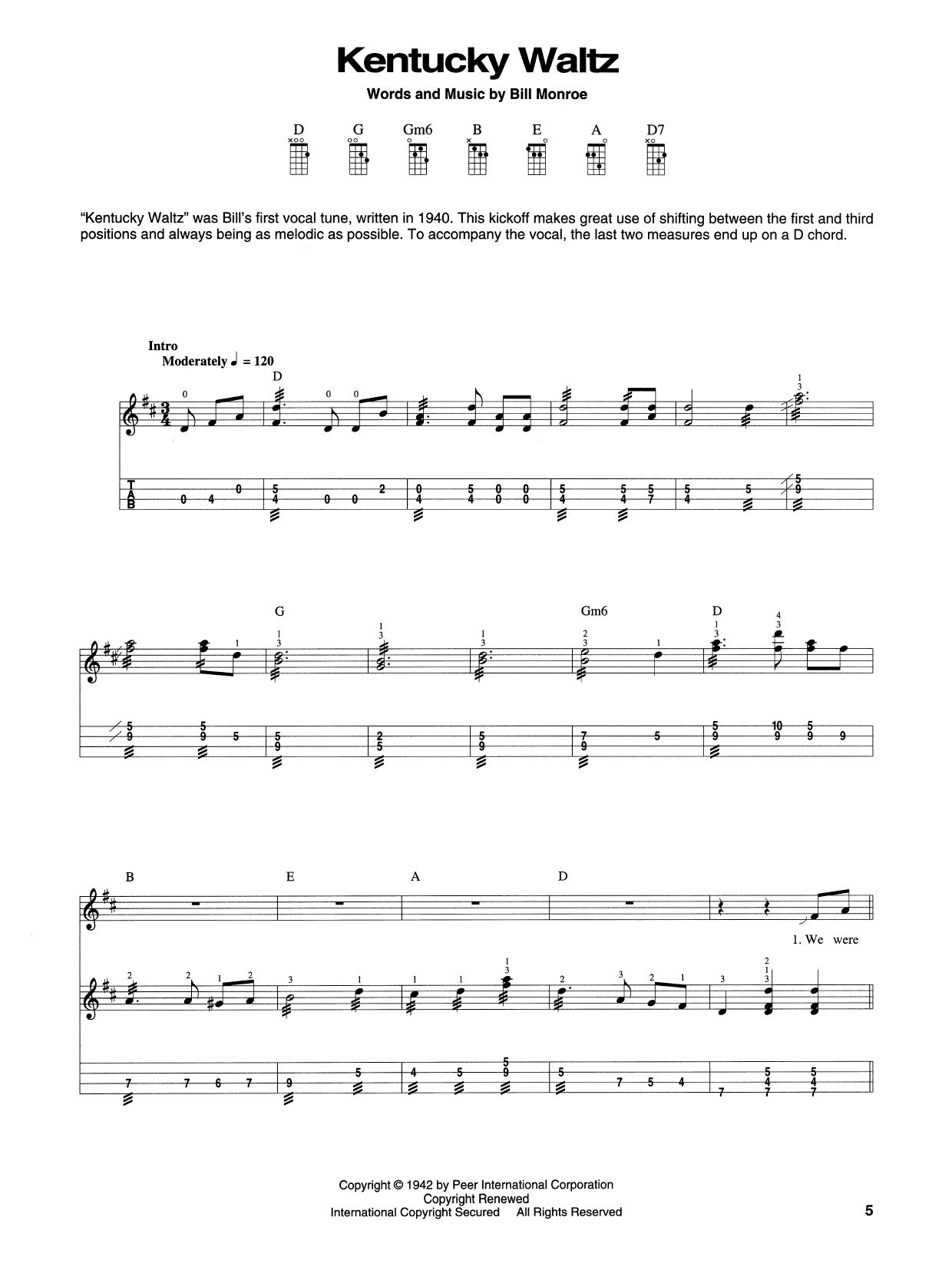 Download Bill Monroe Kentucky Waltz Sheet Music and learn how to play Mandolin PDF digital score in minutes