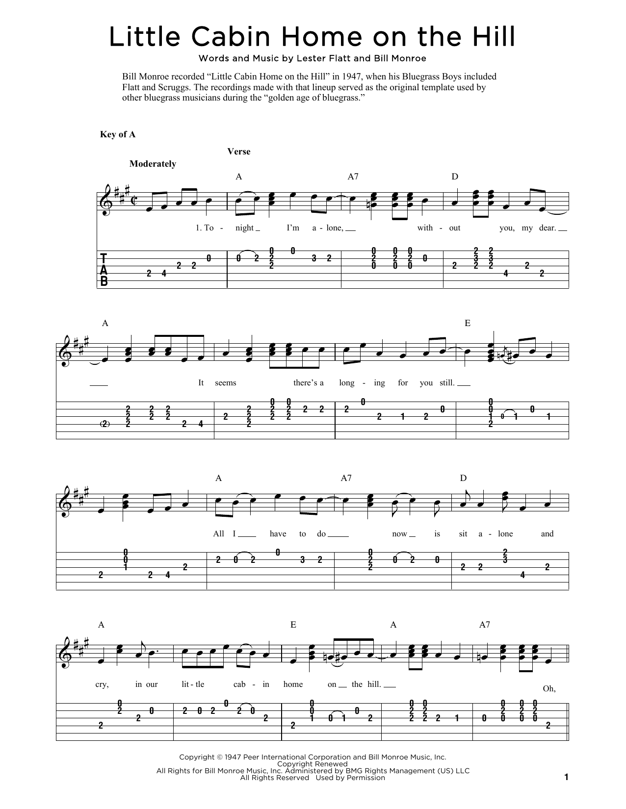 Download Bill Monroe Little Cabin Home On The Hill (arr. Fred Sokolow) Sheet Music and learn how to play Solo Guitar PDF digital score in minutes