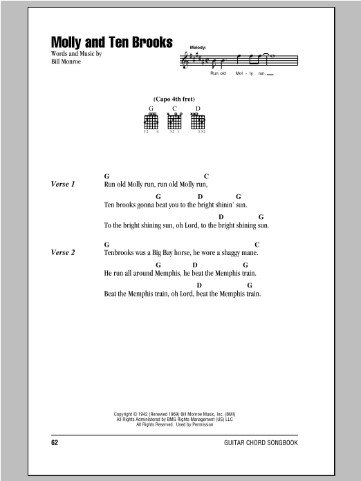 Download Bill Monroe Molly And Ten Brooks Sheet Music and learn how to play Lyrics & Chords PDF digital score in minutes