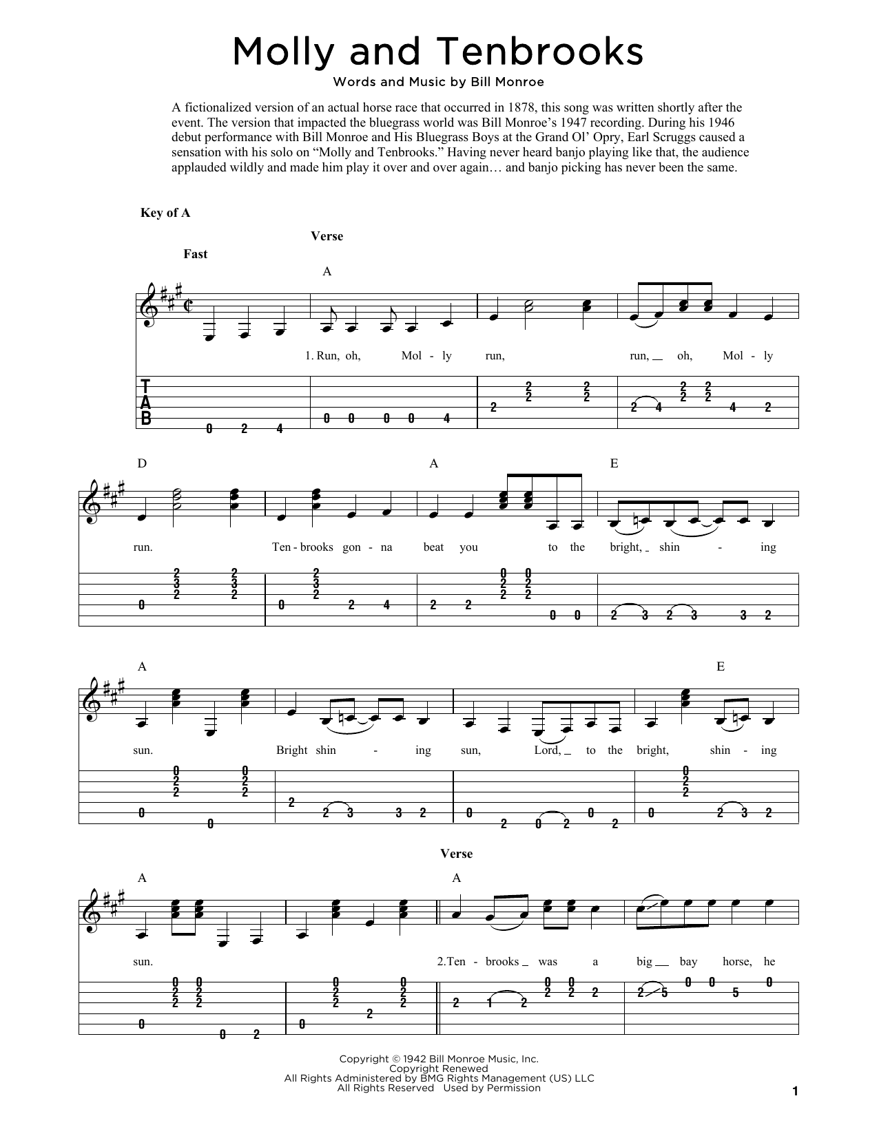 Download Bill Monroe Molly And Tenbrooks (arr. Fred Sokolow) Sheet Music and learn how to play Banjo Tab PDF digital score in minutes