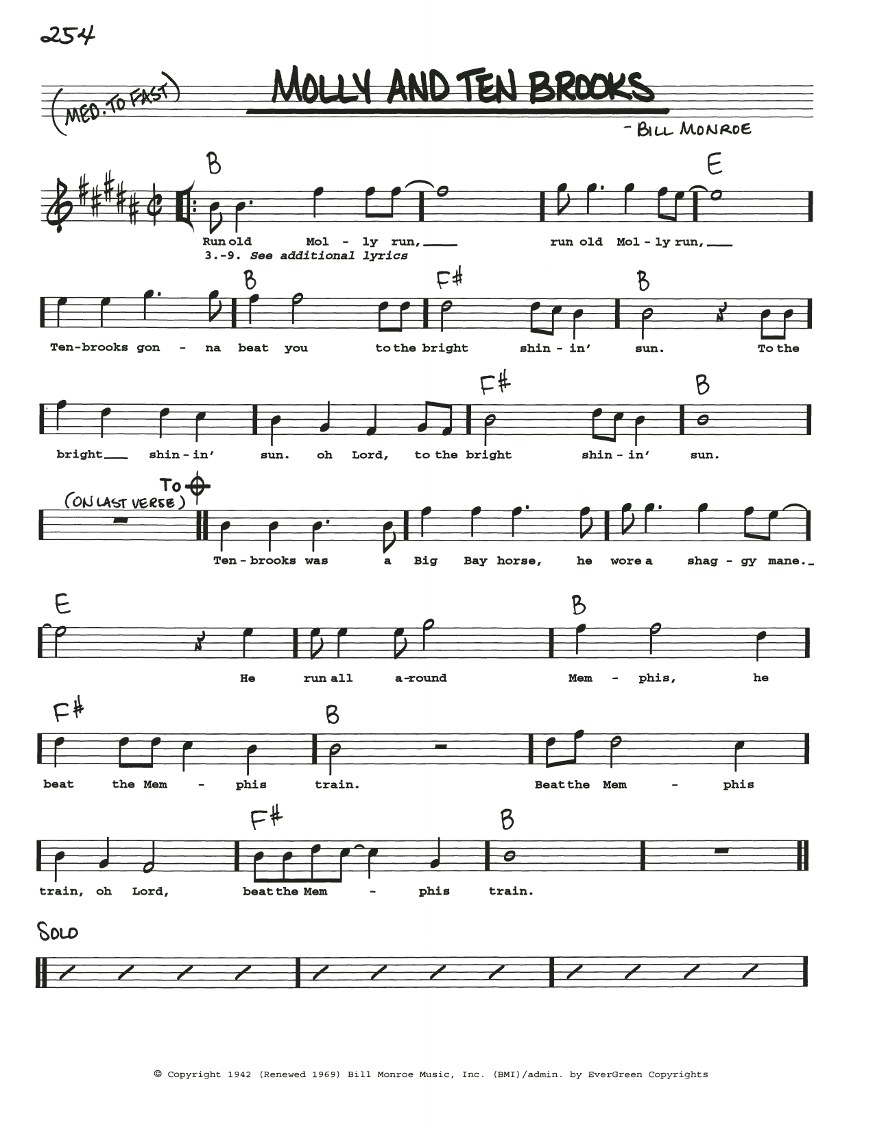 Download Bill Monroe Molly And Tenbrooks Sheet Music and learn how to play Real Book – Melody, Lyrics & Chords PDF digital score in minutes