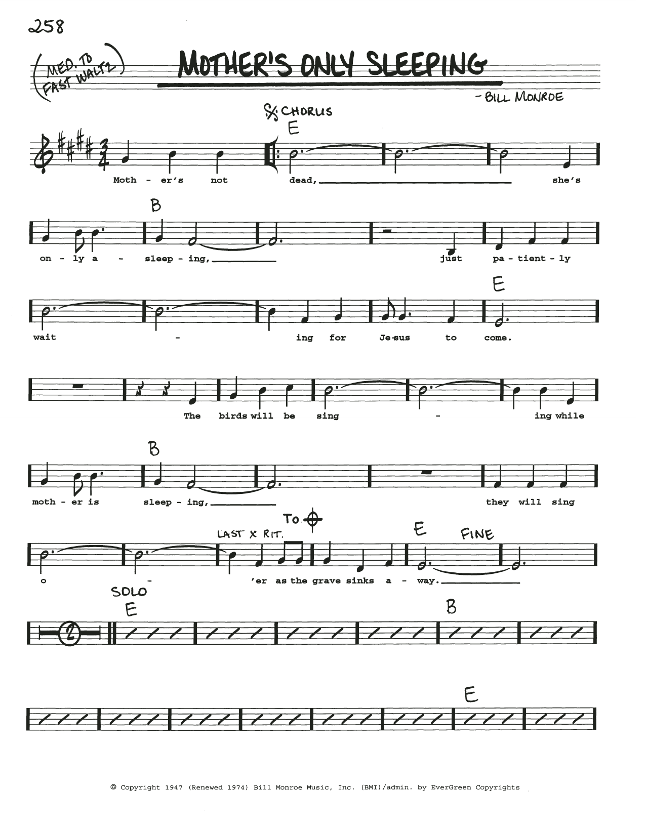 Download Bill Monroe Mother's Only Sleeping Sheet Music and learn how to play Real Book – Melody, Lyrics & Chords PDF digital score in minutes