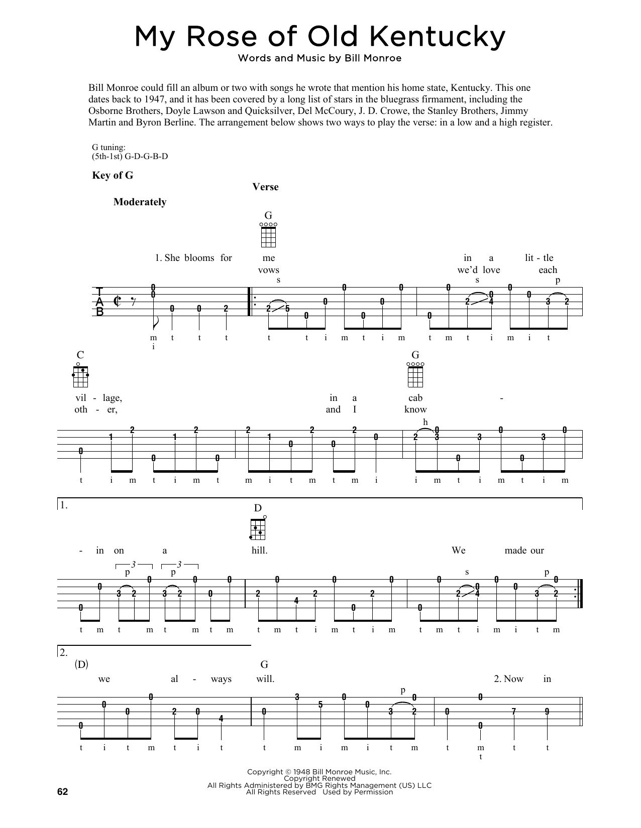 Download Bill Monroe My Rose Of Old Kentucky (arr. Fred Sokolow) Sheet Music and learn how to play Banjo Tab PDF digital score in minutes