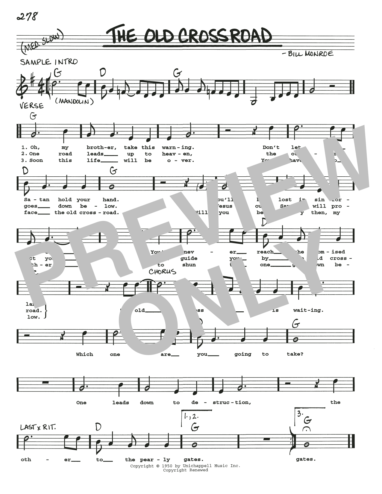 Download Bill Monroe Old Crossroad Is Waitin' Sheet Music and learn how to play Real Book – Melody, Lyrics & Chords PDF digital score in minutes