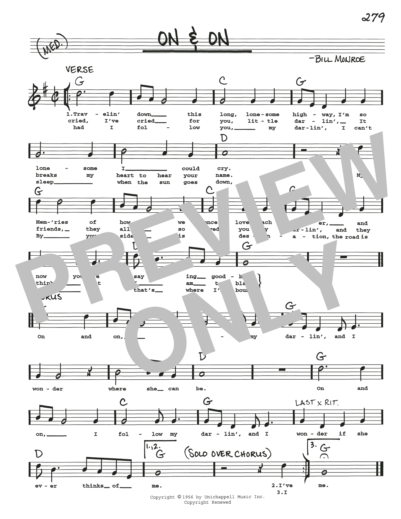 Download Bill Monroe On & On Sheet Music and learn how to play Real Book – Melody, Lyrics & Chords PDF digital score in minutes