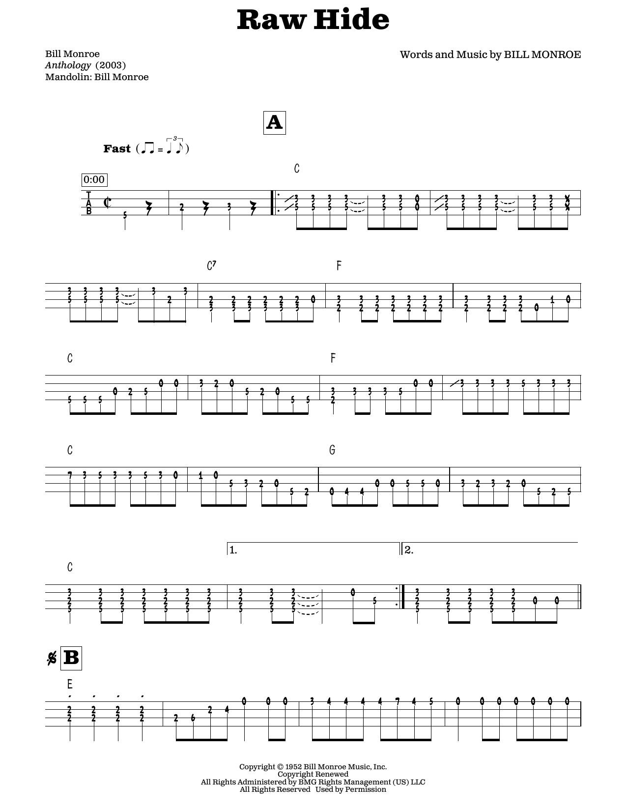 Download Bill Monroe Raw Hide (arr. Fred Sokolow) Sheet Music and learn how to play Mandolin PDF digital score in minutes