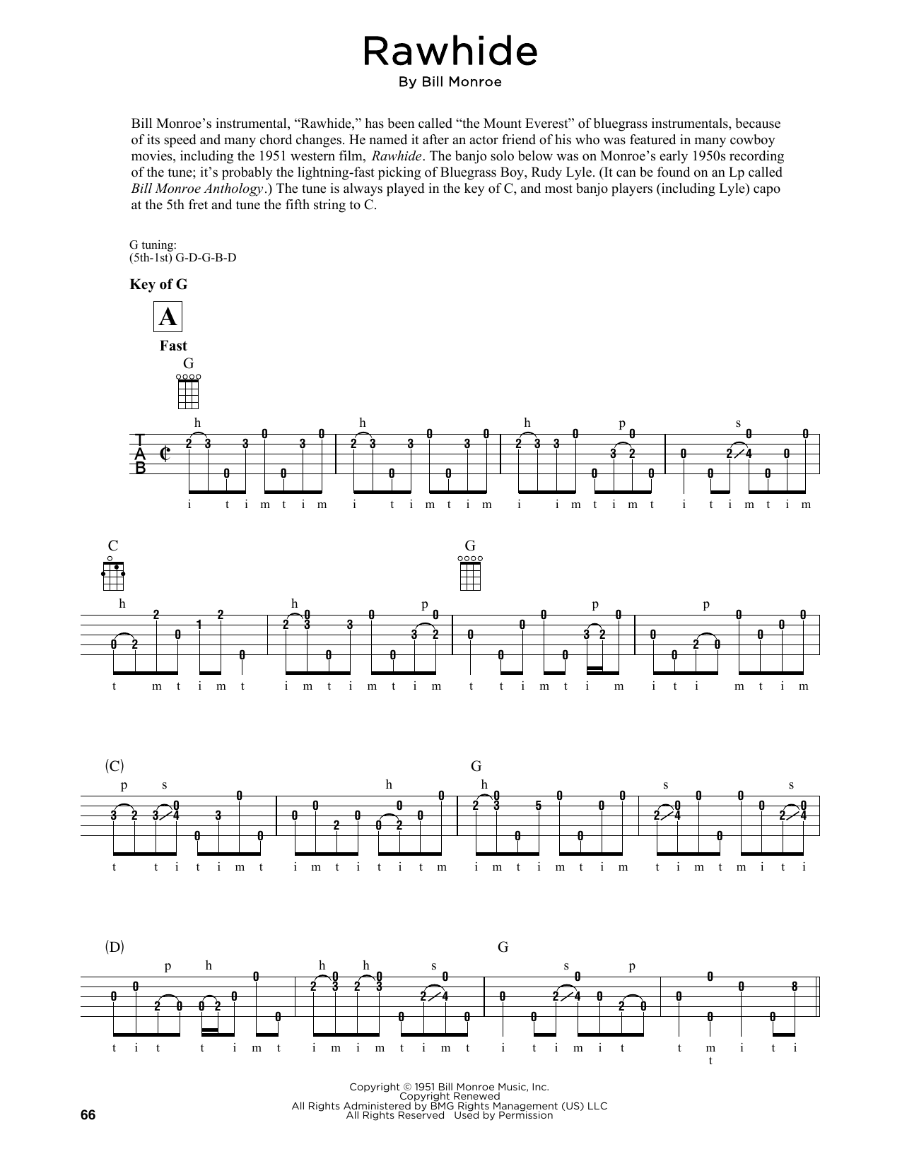 Download Bill Monroe Rawhide (arr. Fred Sokolow) Sheet Music and learn how to play Banjo Tab PDF digital score in minutes