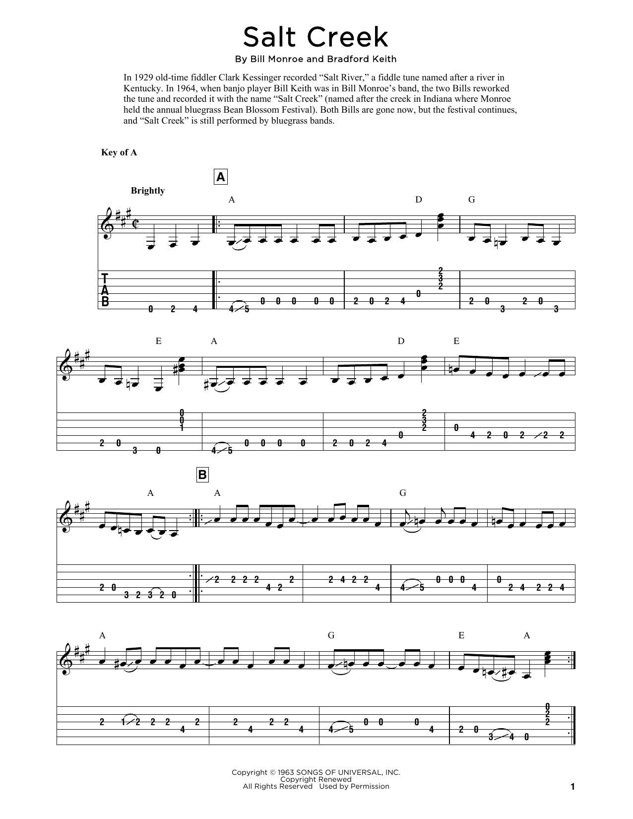 Download Bill Monroe Salt Creek (arr. Fred Sokolow) Sheet Music and learn how to play Banjo Tab PDF digital score in minutes