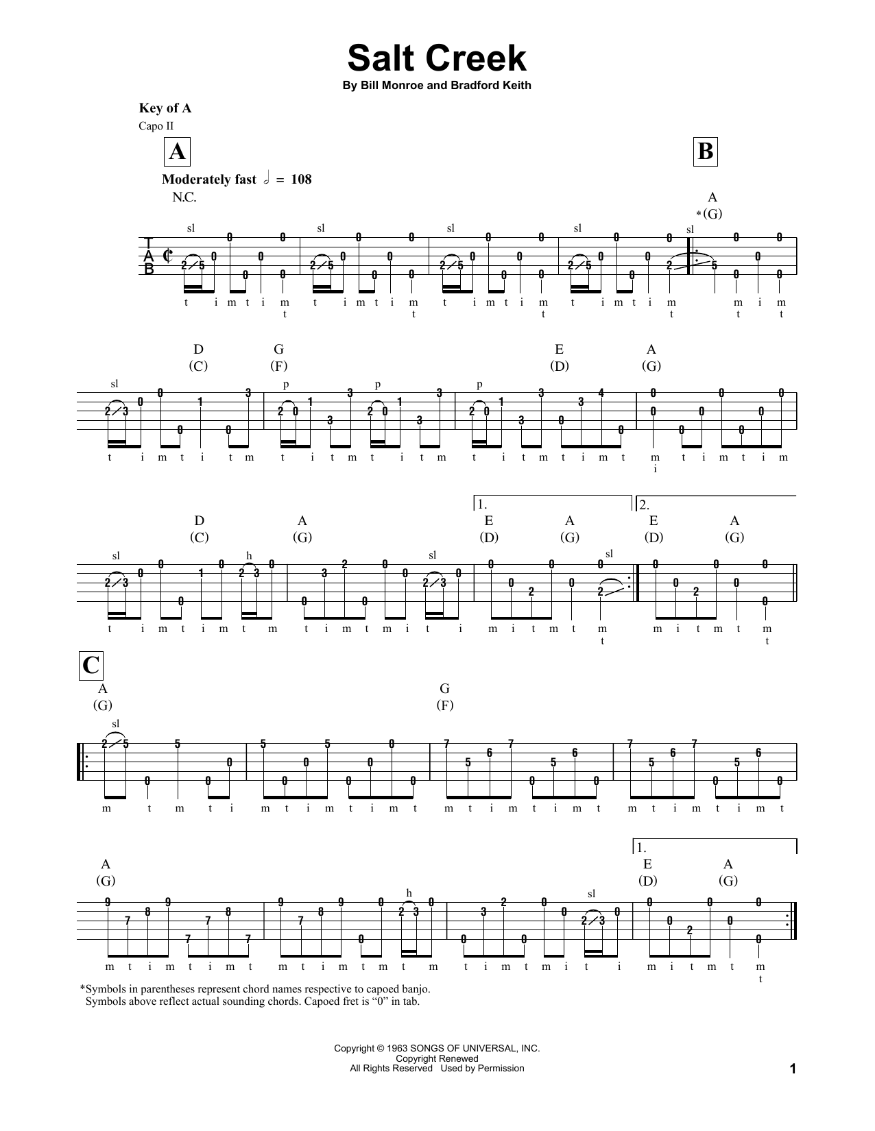 Download Bill Monroe Salt Creek Sheet Music and learn how to play Banjo PDF digital score in minutes