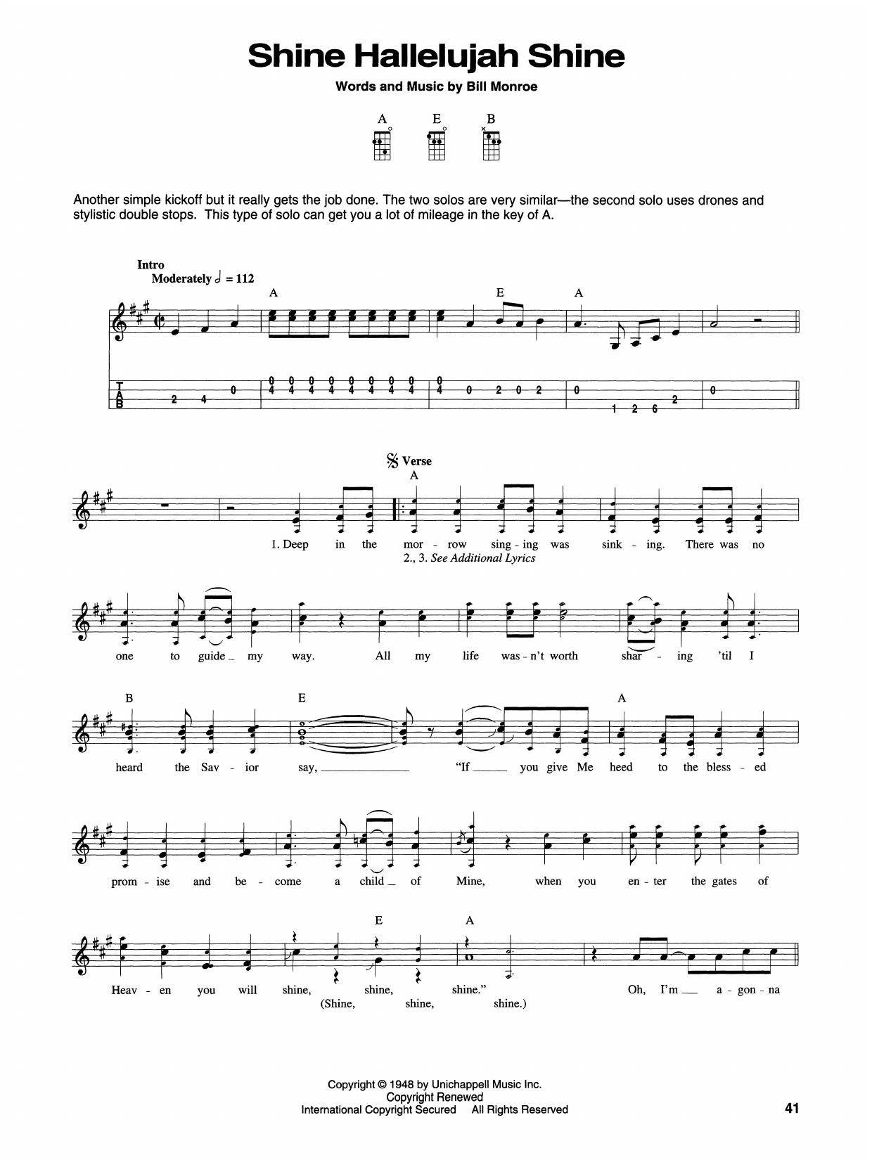 Download Bill Monroe Shine Hallelujah Shine Sheet Music and learn how to play Mandolin PDF digital score in minutes