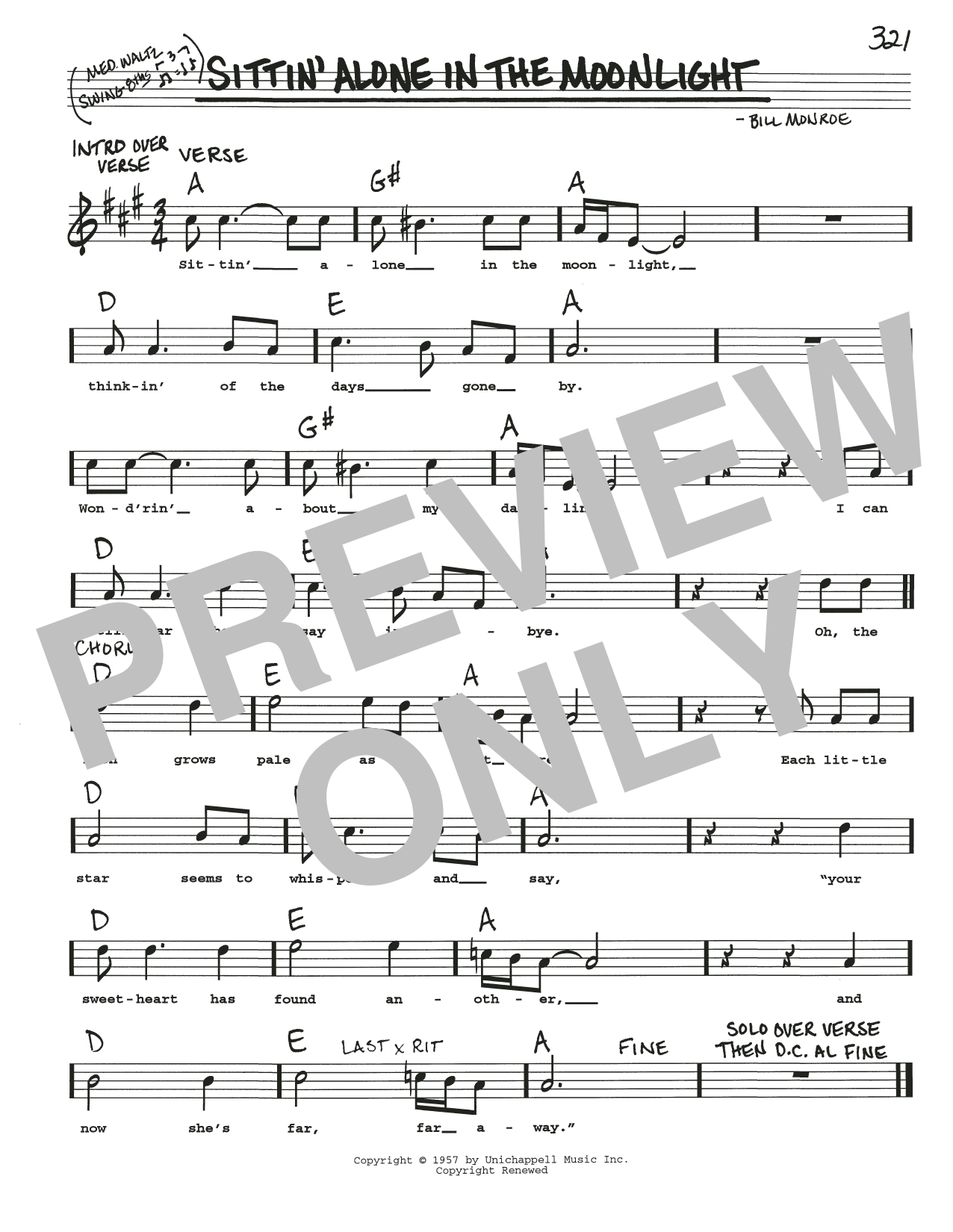 Download Bill Monroe Sittin' Alone In The Moonlight Sheet Music and learn how to play Real Book – Melody, Lyrics & Chords PDF digital score in minutes