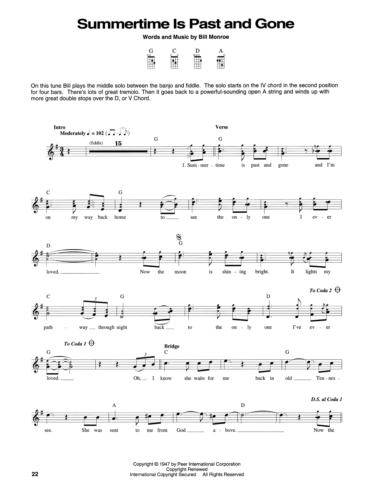 Download Bill Monroe Summertime Is Past And Gone Sheet Music and learn how to play Mandolin PDF digital score in minutes