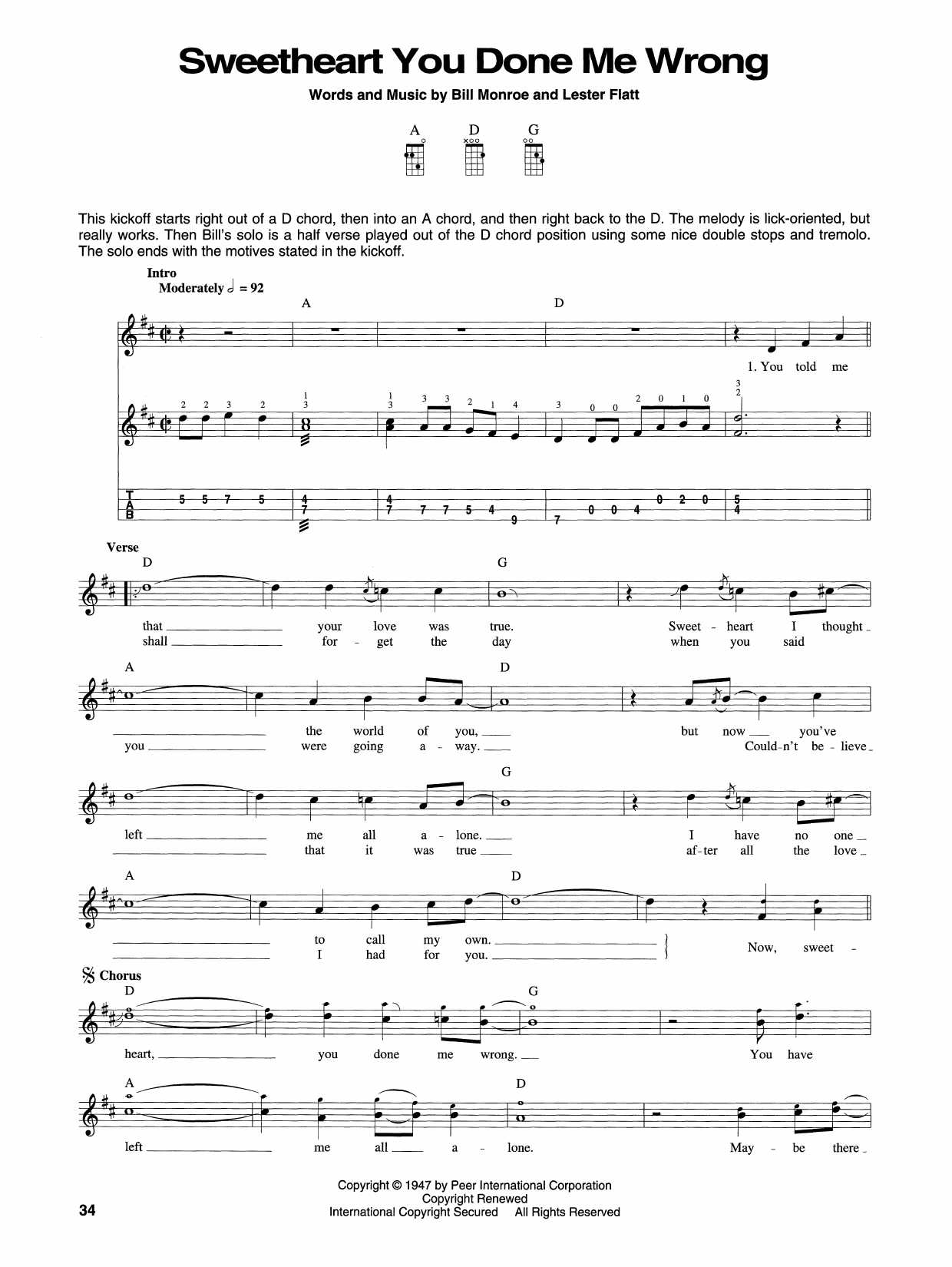 Download Bill Monroe Sweetheart You Done Me Wrong Sheet Music and learn how to play Mandolin PDF digital score in minutes