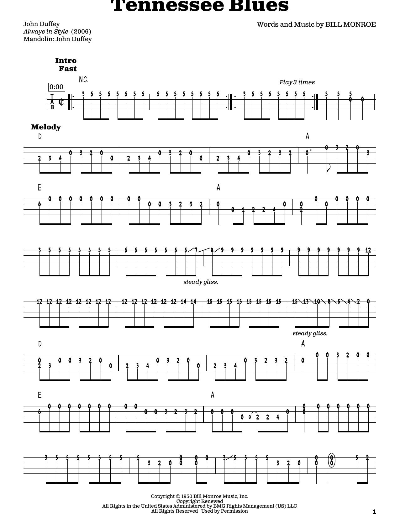 Download Bill Monroe Tennessee Blues Sheet Music and learn how to play Mandolin PDF digital score in minutes