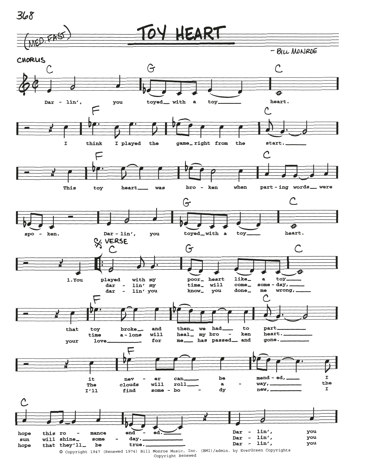 Download Bill Monroe Toy Heart Sheet Music and learn how to play Real Book – Melody, Lyrics & Chords PDF digital score in minutes