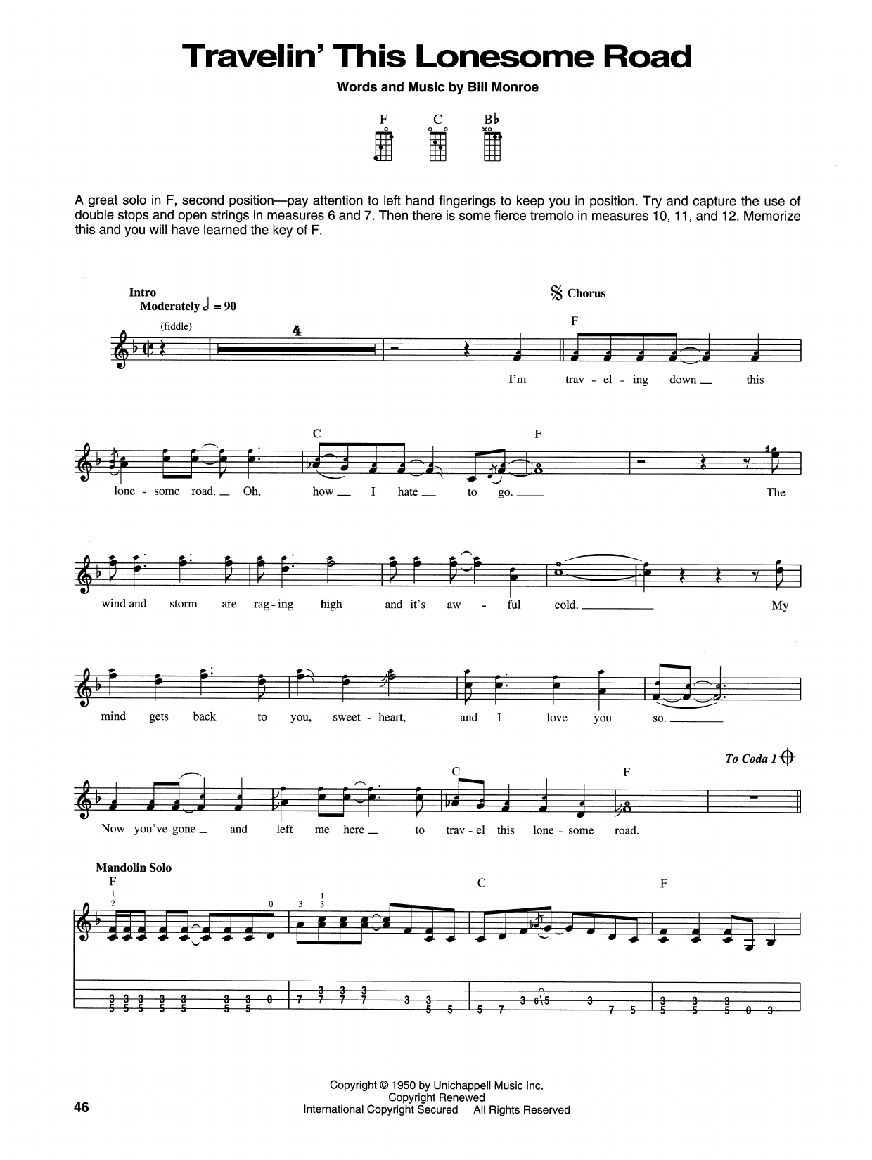 Download Bill Monroe Travelin' This Lonesome Road Sheet Music and learn how to play Mandolin PDF digital score in minutes