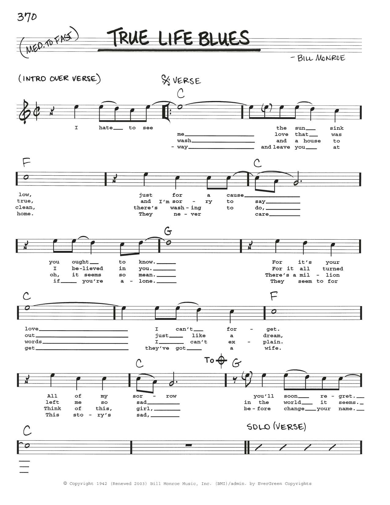 Download Bill Monroe True Life Blues Sheet Music and learn how to play Real Book – Melody, Lyrics & Chords PDF digital score in minutes