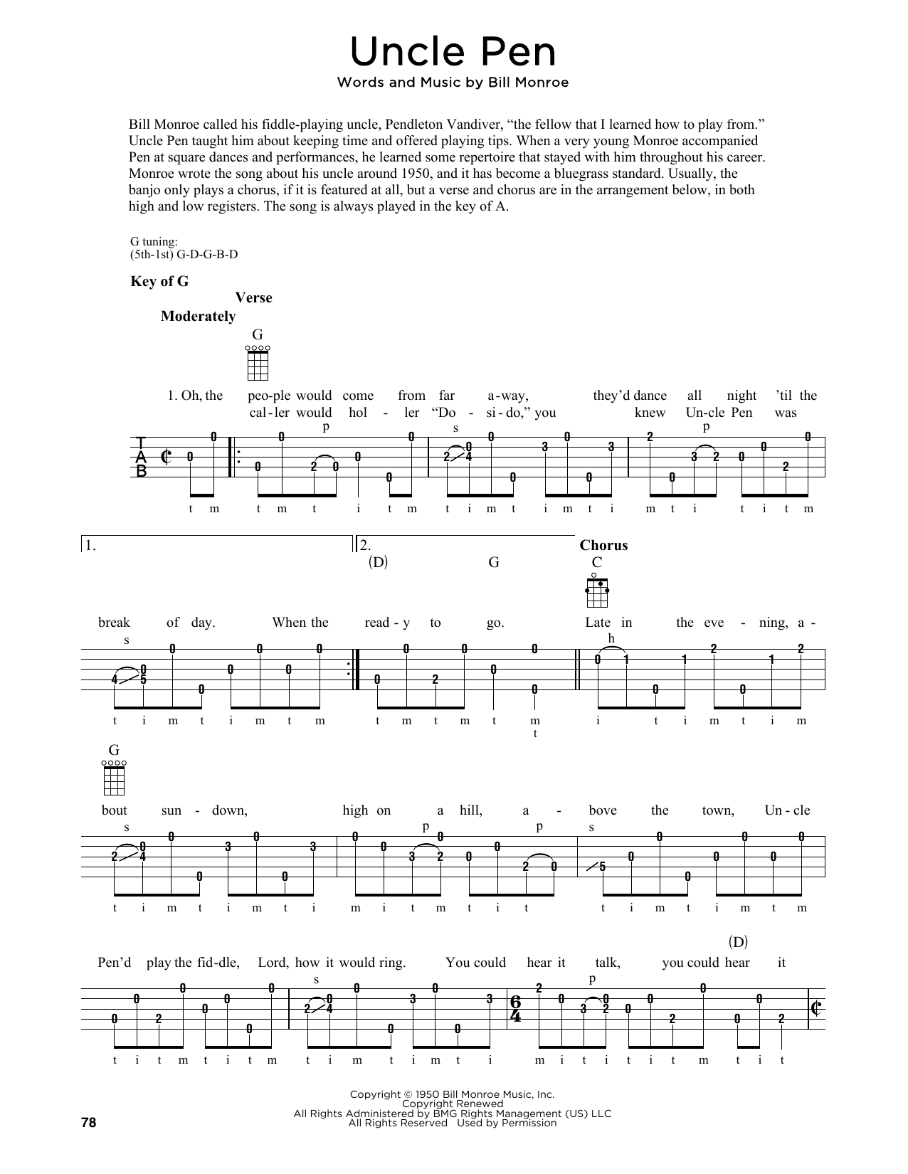 Download Bill Monroe Uncle Pen (arr. Fred Sokolow) Sheet Music and learn how to play Banjo Tab PDF digital score in minutes