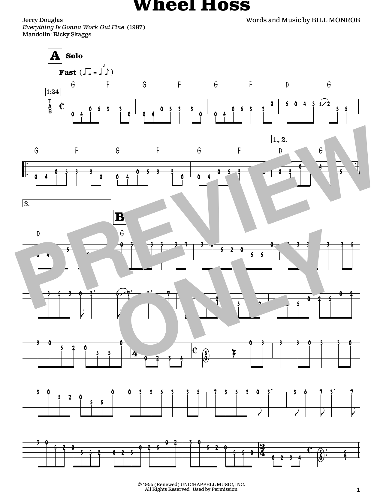 Download Bill Monroe Wheel Hoss (arr. Fred Sokolow) Sheet Music and learn how to play Mandolin PDF digital score in minutes