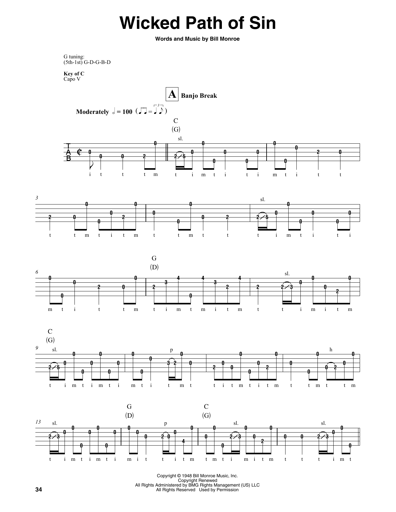 Download Bill Monroe Wicked Path Of Sin Sheet Music and learn how to play Banjo PDF digital score in minutes