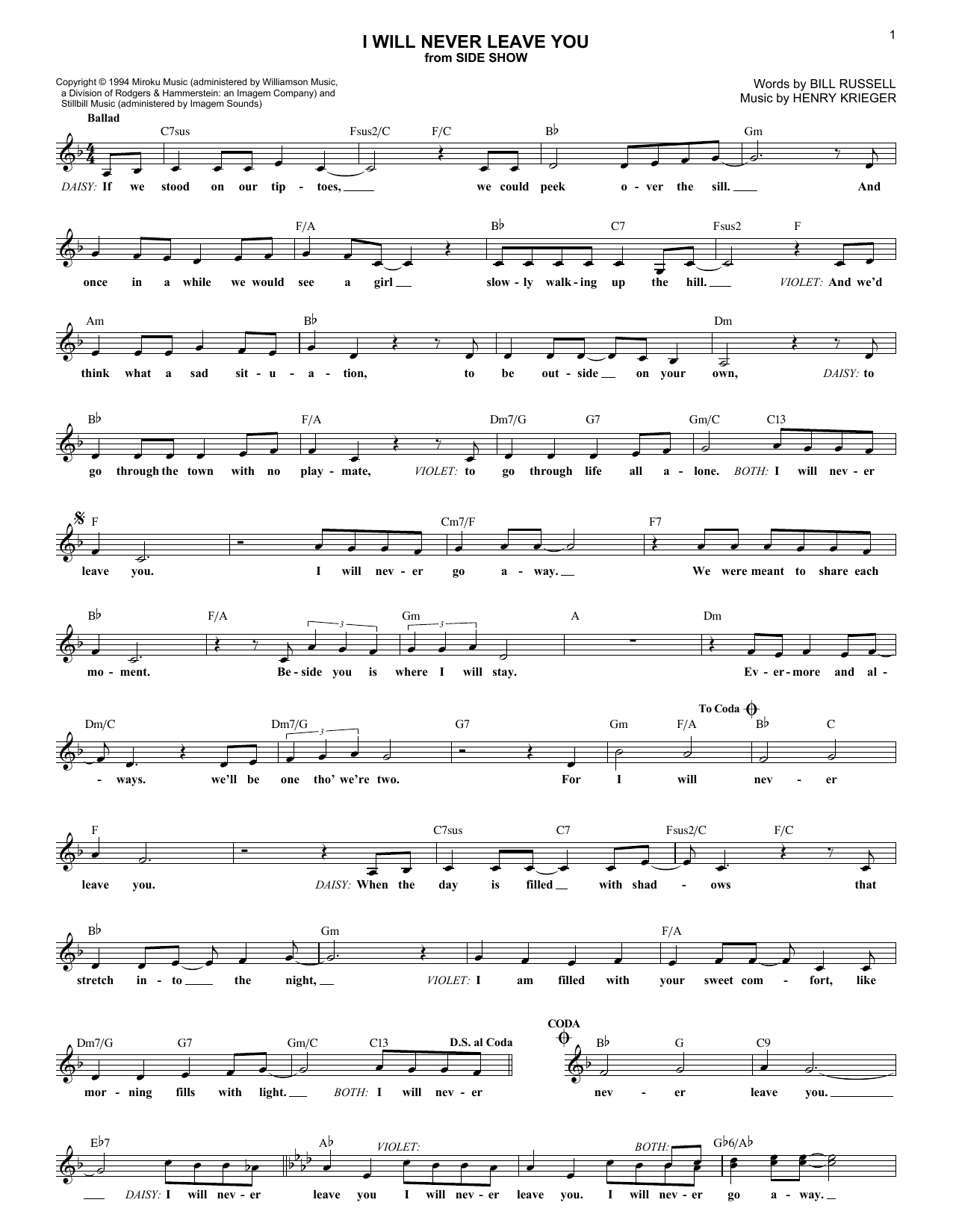 Download Bill Russell I Will Never Leave You Sheet Music and learn how to play Piano, Vocal & Guitar (Right-Hand Melody) PDF digital score in minutes