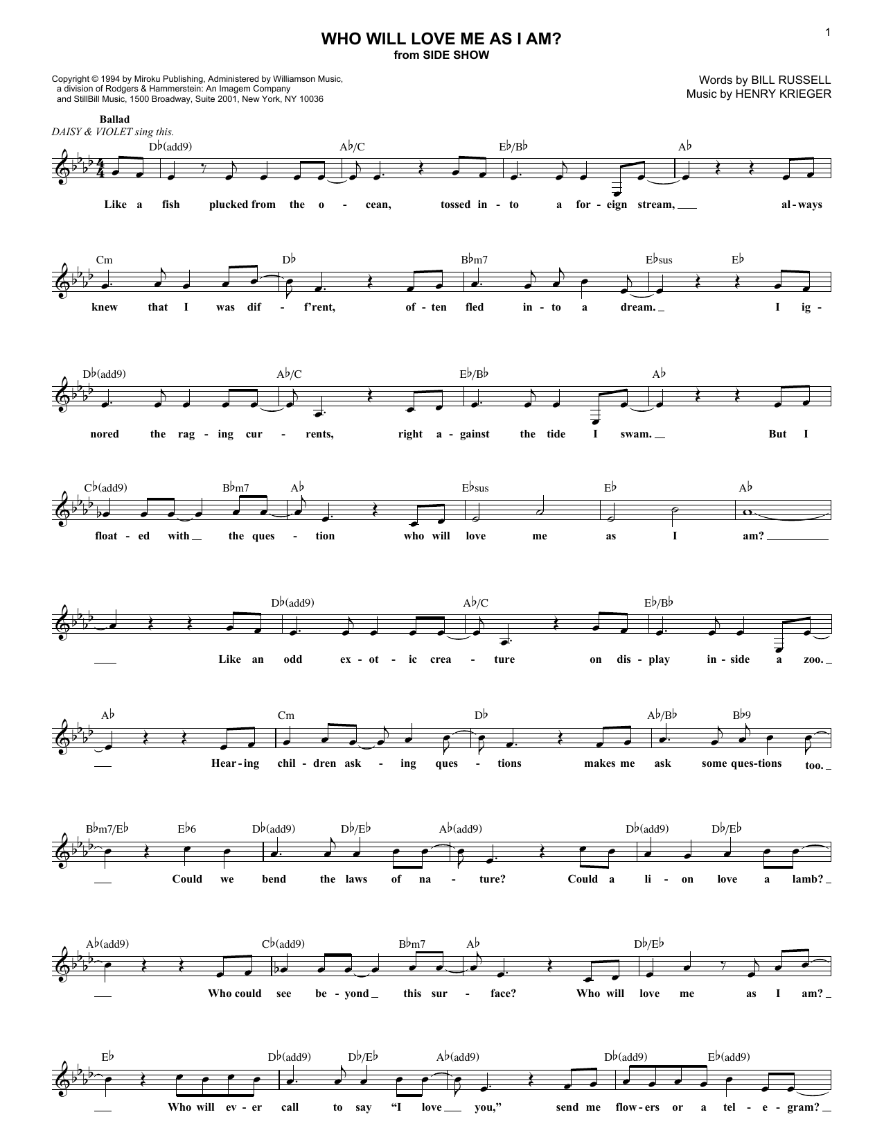 Download Bill Russell Who Will Love Me As I Am? Sheet Music and learn how to play Melody Line, Lyrics & Chords PDF digital score in minutes