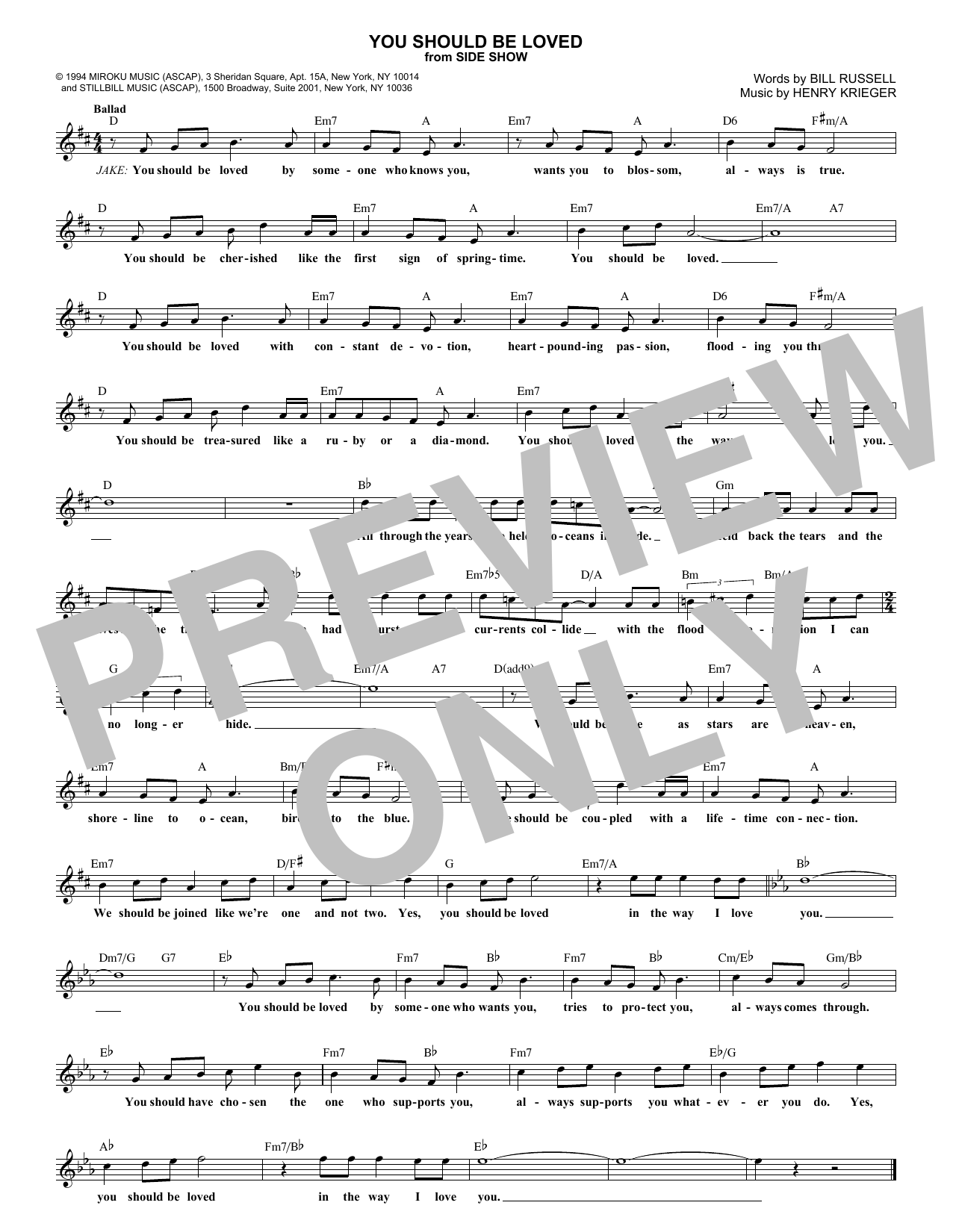 Download Bill Russell You Should Be Loved Sheet Music and learn how to play Melody Line, Lyrics & Chords PDF digital score in minutes