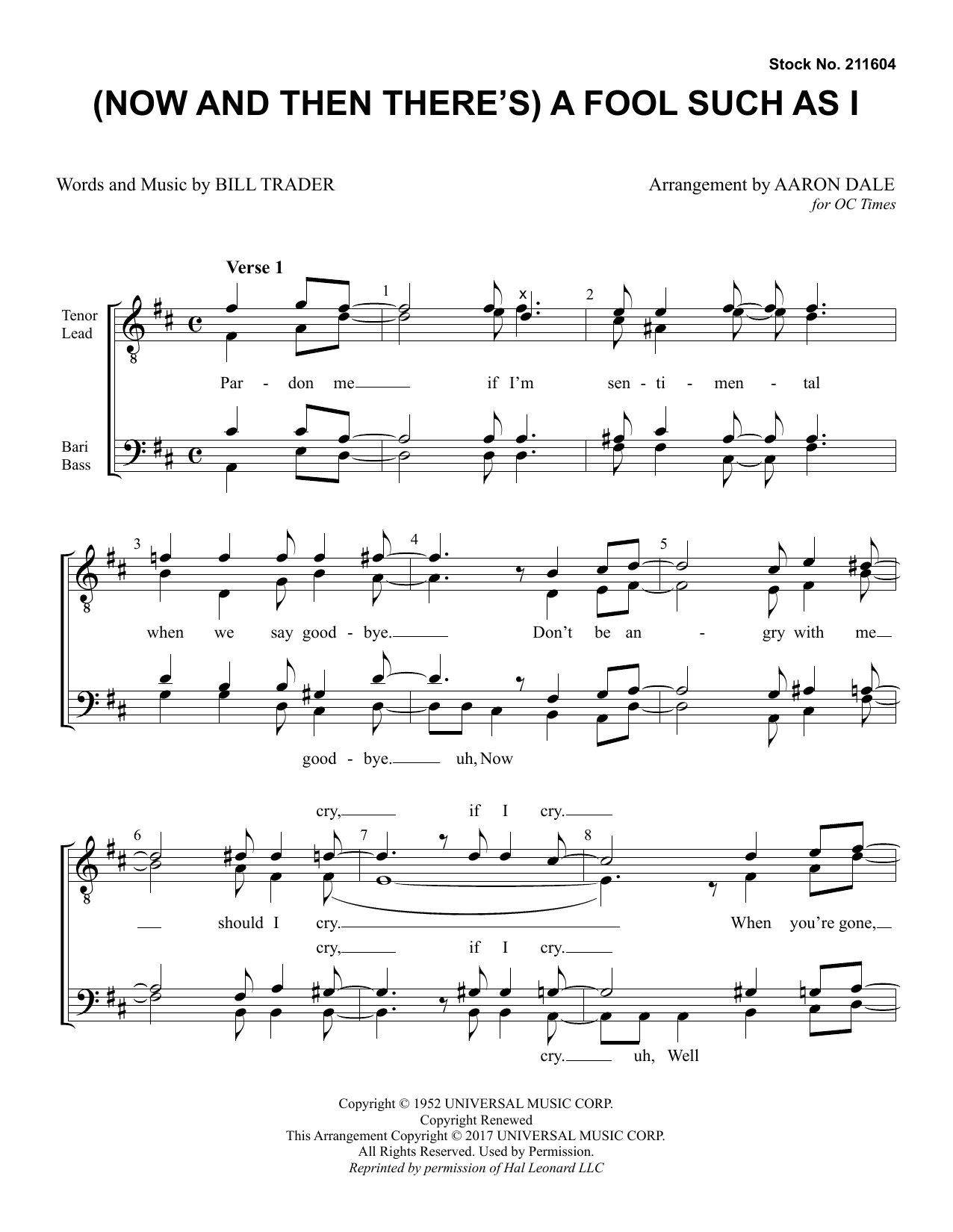 Download Bill Trader (Now And Then There's) A Fool Such As I (arr. Aaron Dale) Sheet Music and learn how to play TTBB Choir PDF digital score in minutes