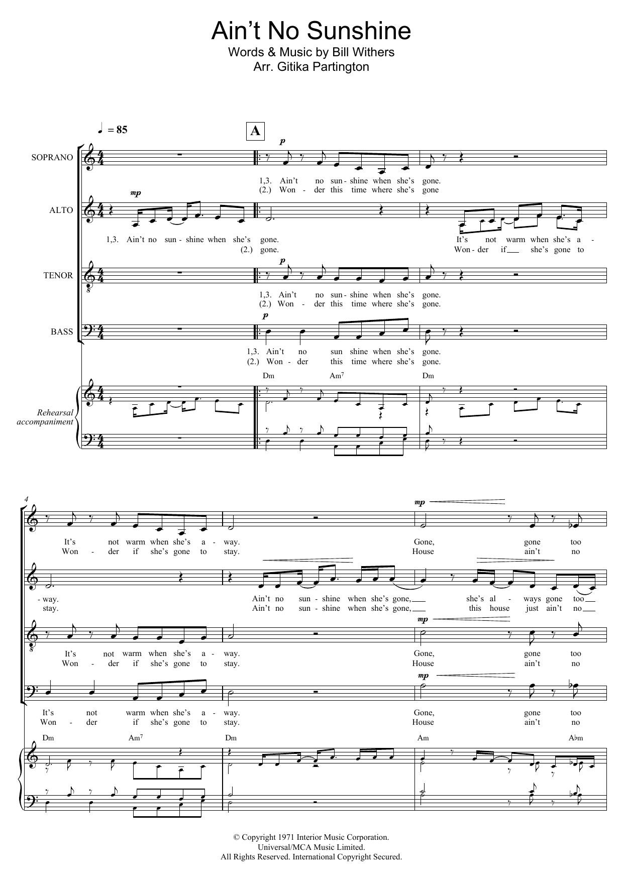 Download Bill Withers Ain't No Sunshine (arr. Gitika Partington) Sheet Music and learn how to play SATB PDF digital score in minutes