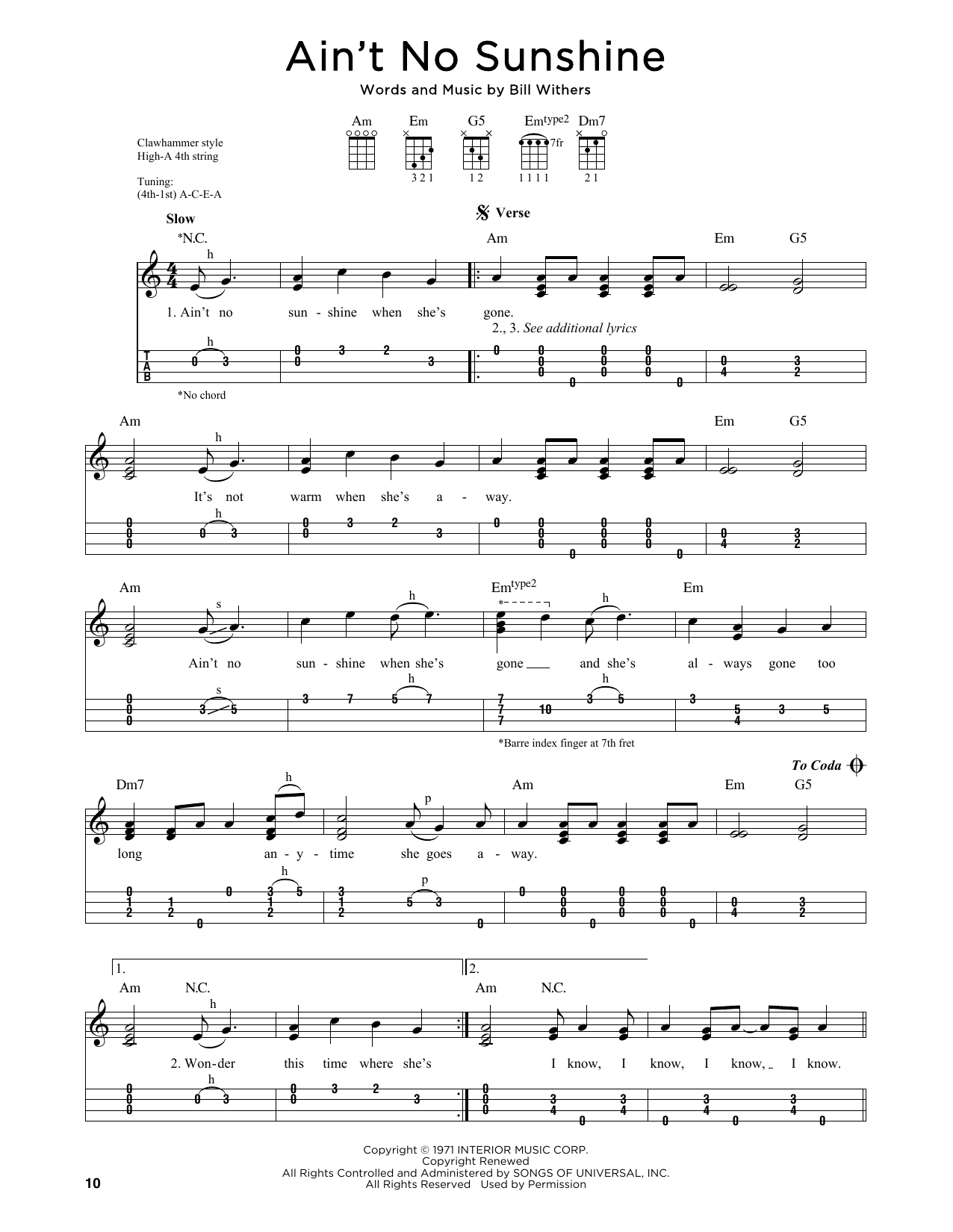 Download Bill Withers Ain't No Sunshine (arr. Jim Schustedt) Sheet Music and learn how to play Ukulele PDF digital score in minutes