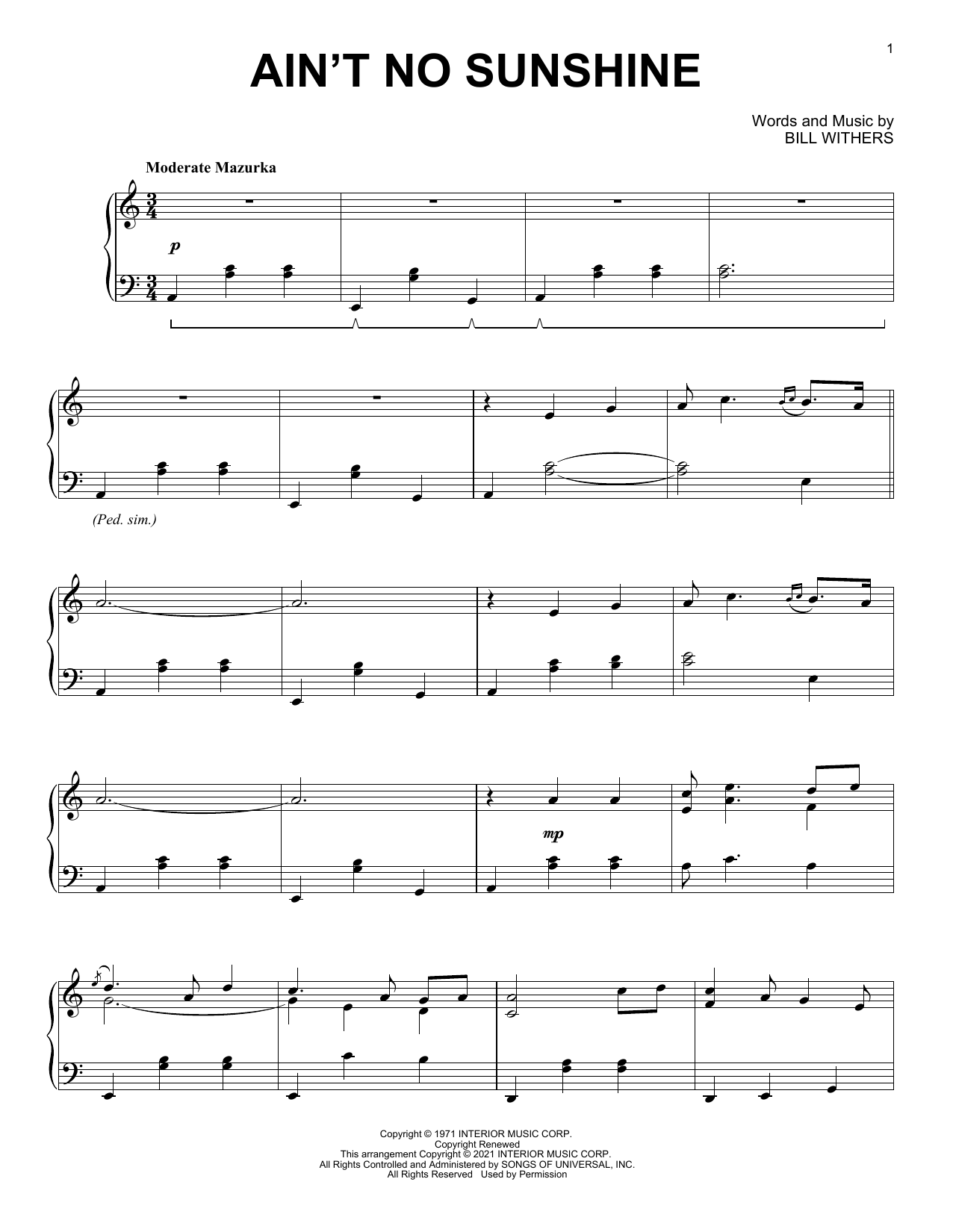 Download Bill Withers Ain't No Sunshine [Classical version] Sheet Music and learn how to play Piano Solo PDF digital score in minutes