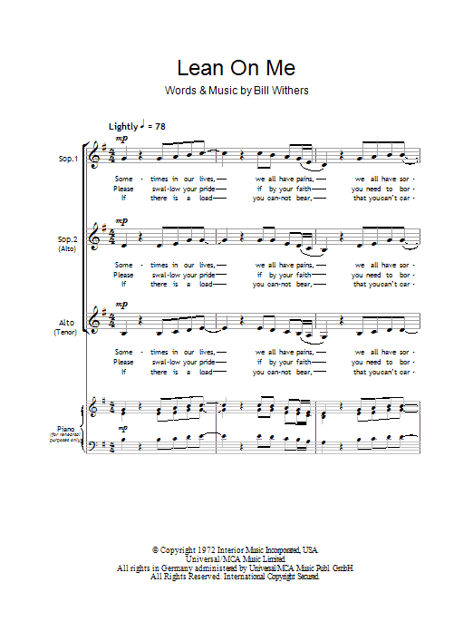 Download Bill Withers Lean On Me Sheet Music and learn how to play SSA PDF digital score in minutes