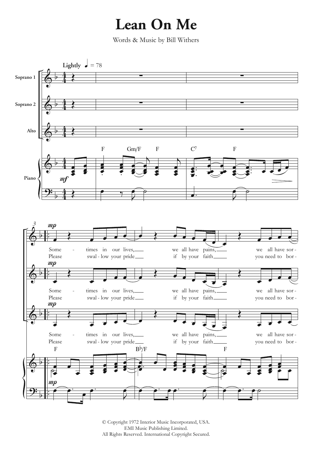 Download Bill Withers Lean On Me (arr. Berty Rice) Sheet Music and learn how to play SSA Choir PDF digital score in minutes