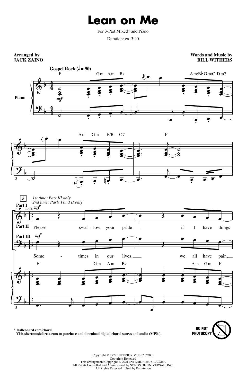 Download Bill Withers Lean On Me (arr. Jack Zaino) Sheet Music and learn how to play 3-Part Mixed Choir PDF digital score in minutes
