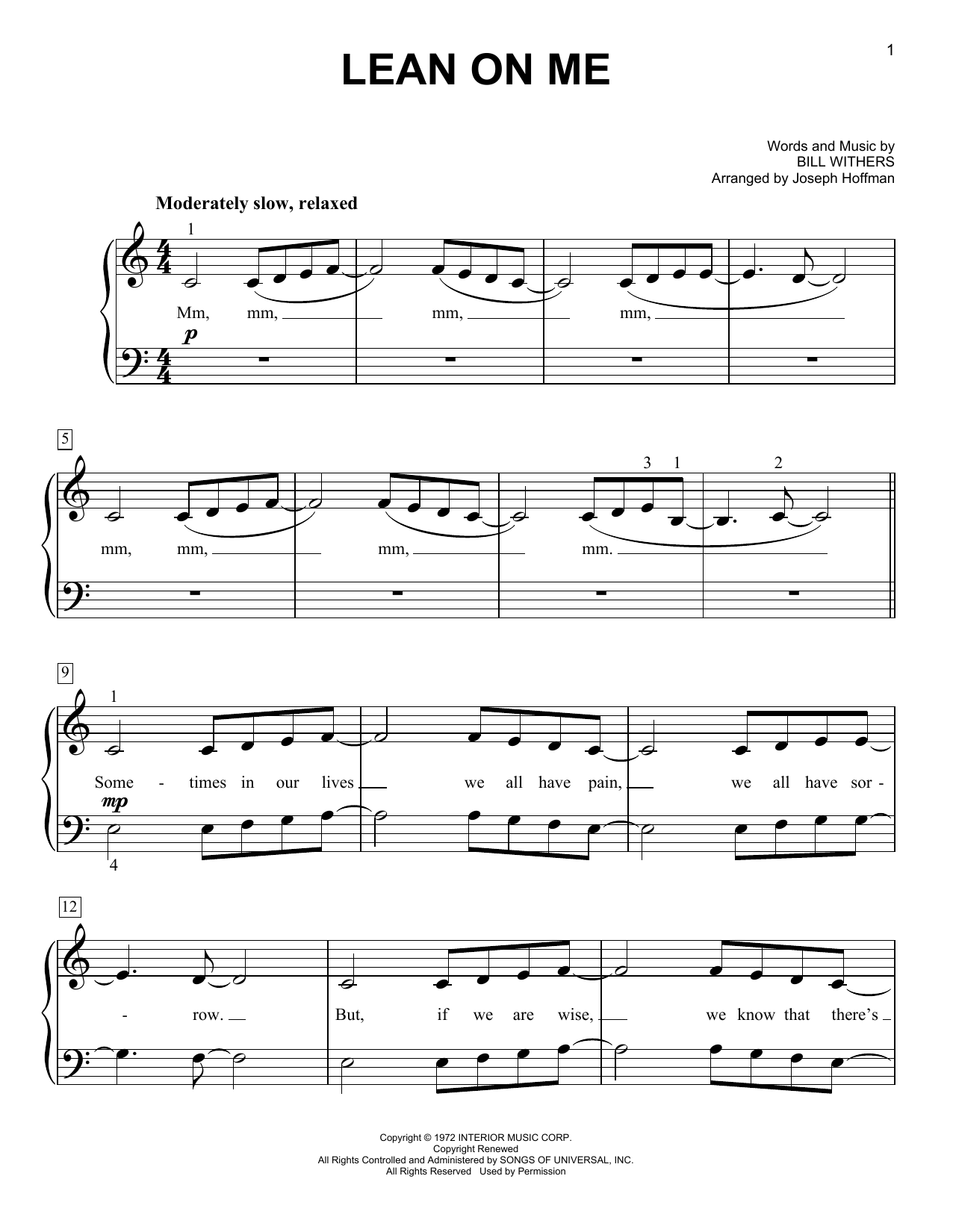 Download Bill Withers Lean On Me (arr. Joseph Hoffman) Sheet Music and learn how to play Easy Piano PDF digital score in minutes