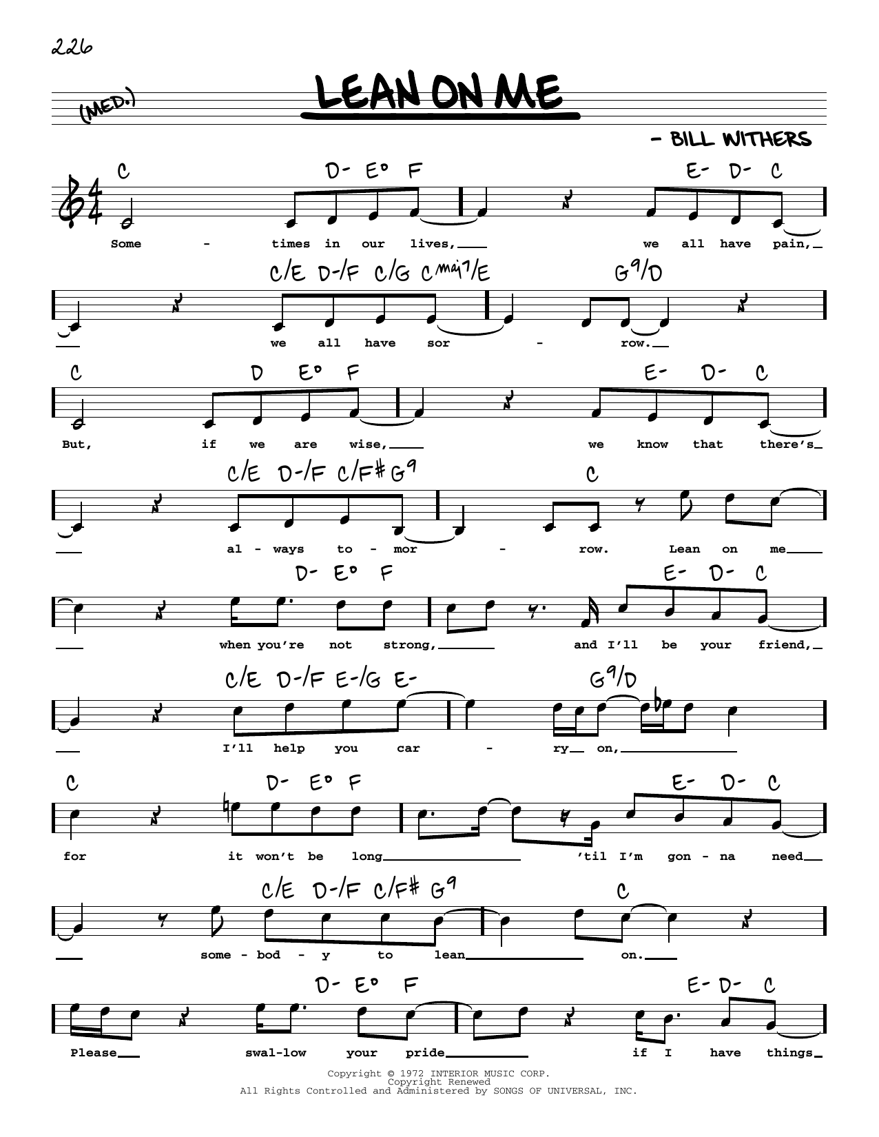 Download Bill Withers Lean On Me (High Voice) Sheet Music and learn how to play Real Book – Melody, Lyrics & Chords PDF digital score in minutes