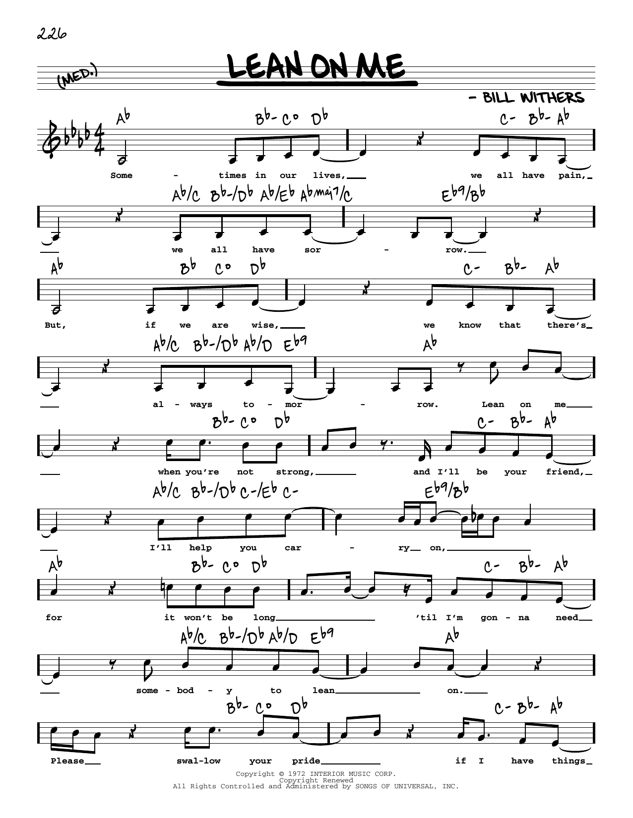 Download Bill Withers Lean On Me (Low Voice) Sheet Music and learn how to play Real Book – Melody, Lyrics & Chords PDF digital score in minutes