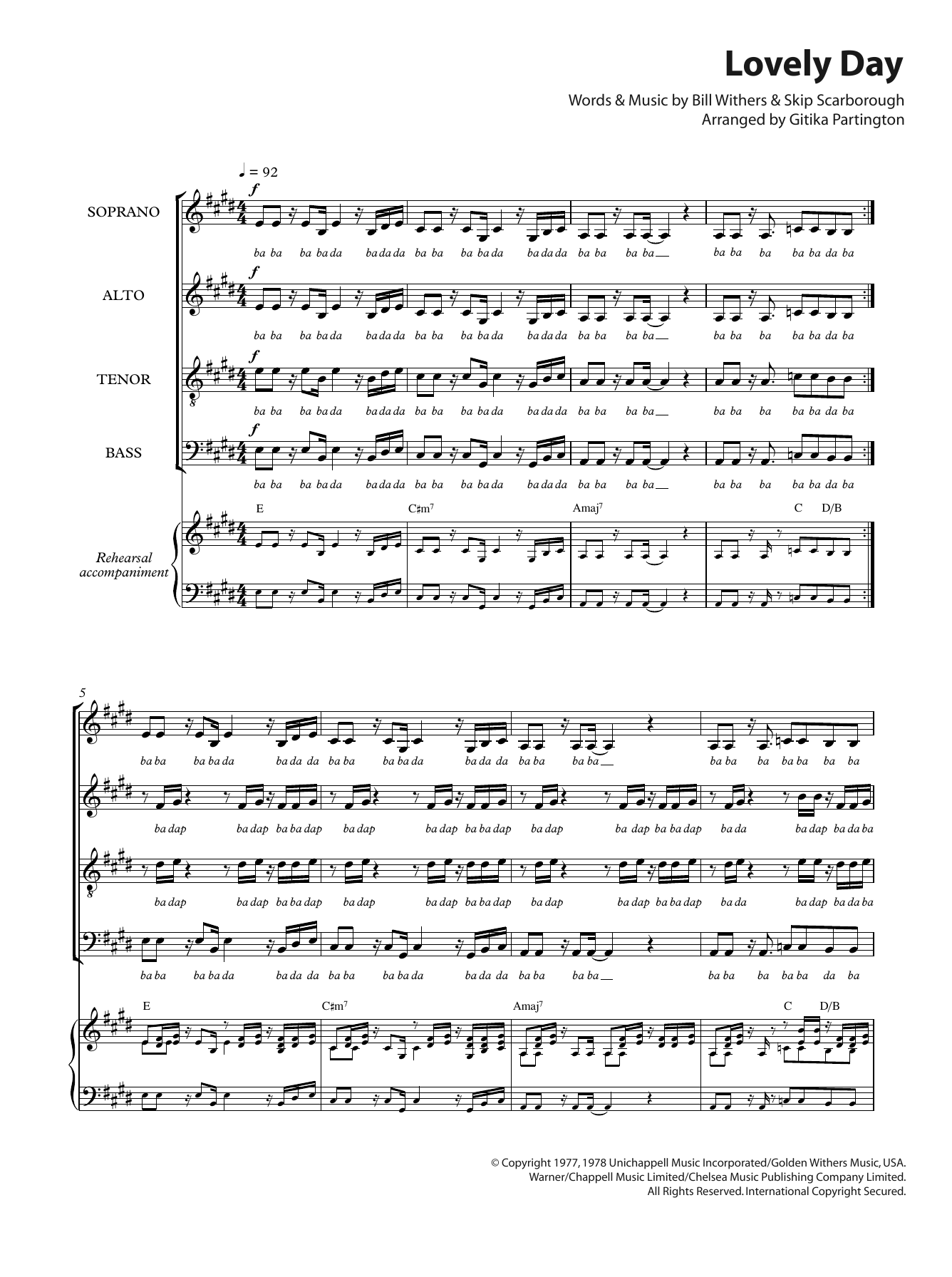 Download Bill Withers Lovely Day (arr. Gitika Partington) Sheet Music and learn how to play SATB PDF digital score in minutes