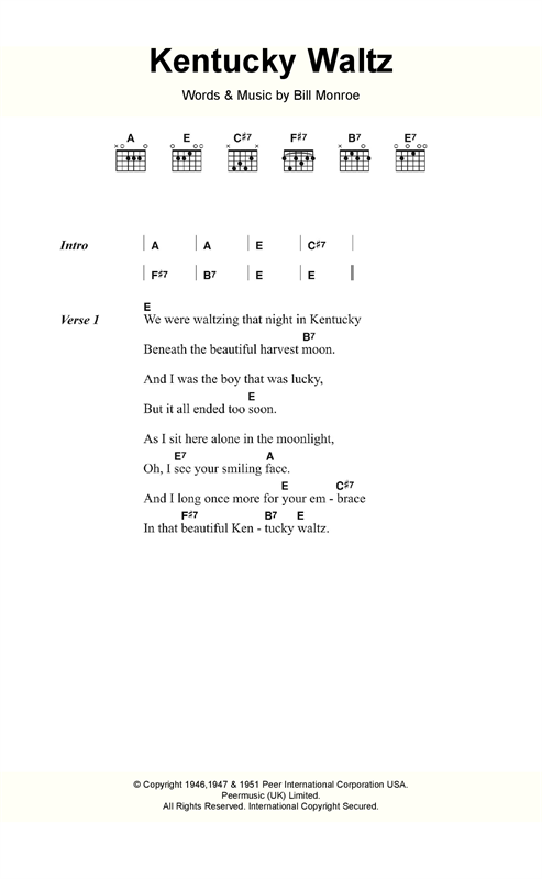 Download Bill Monroe Kentucky Waltz Sheet Music and learn how to play Lyrics & Chords PDF digital score in minutes
