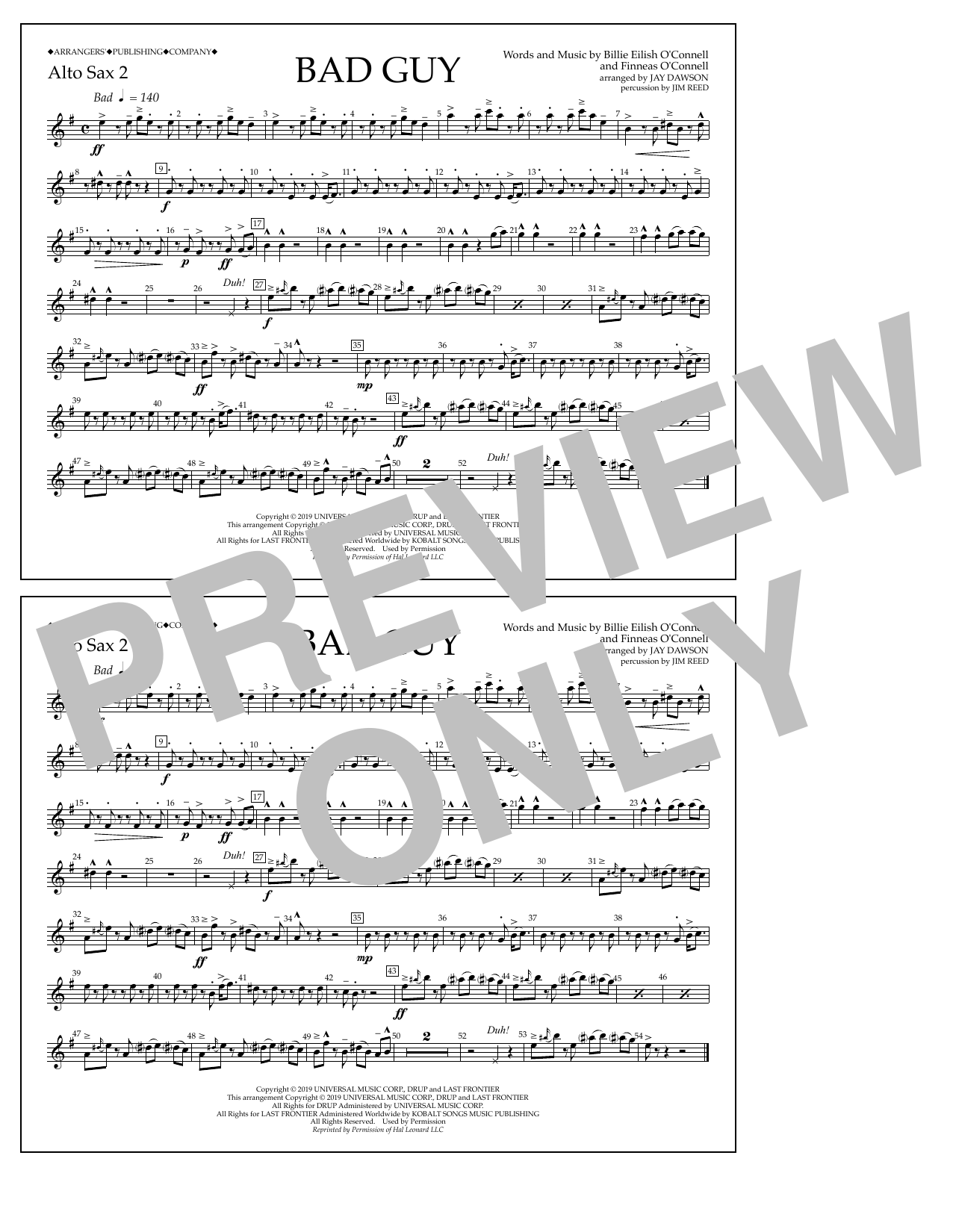 Download Billie Eilish Bad Guy (arr. Jay Dawson) - Alto Sax 2 Sheet Music and learn how to play Marching Band PDF digital score in minutes