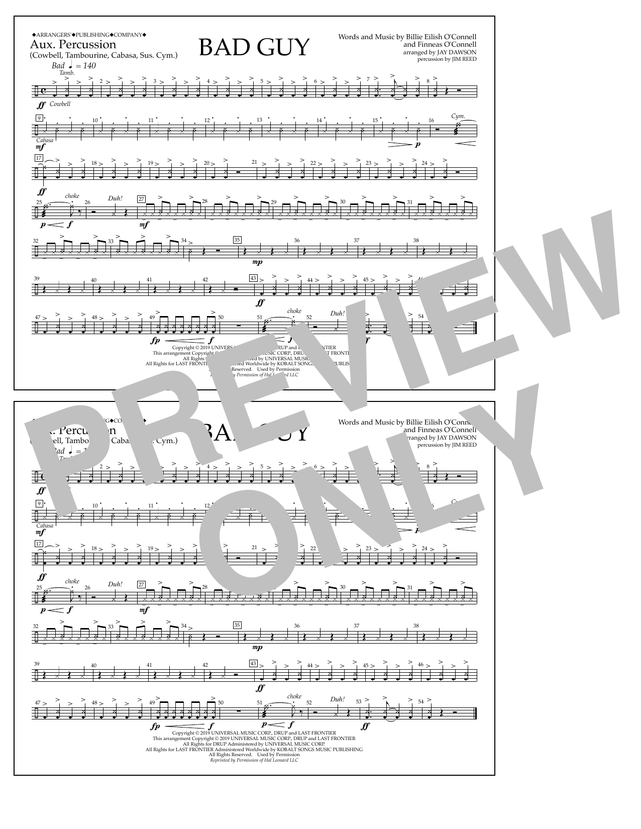 Download Billie Eilish Bad Guy (arr. Jay Dawson) - Aux. Percussion Sheet Music and learn how to play Marching Band PDF digital score in minutes