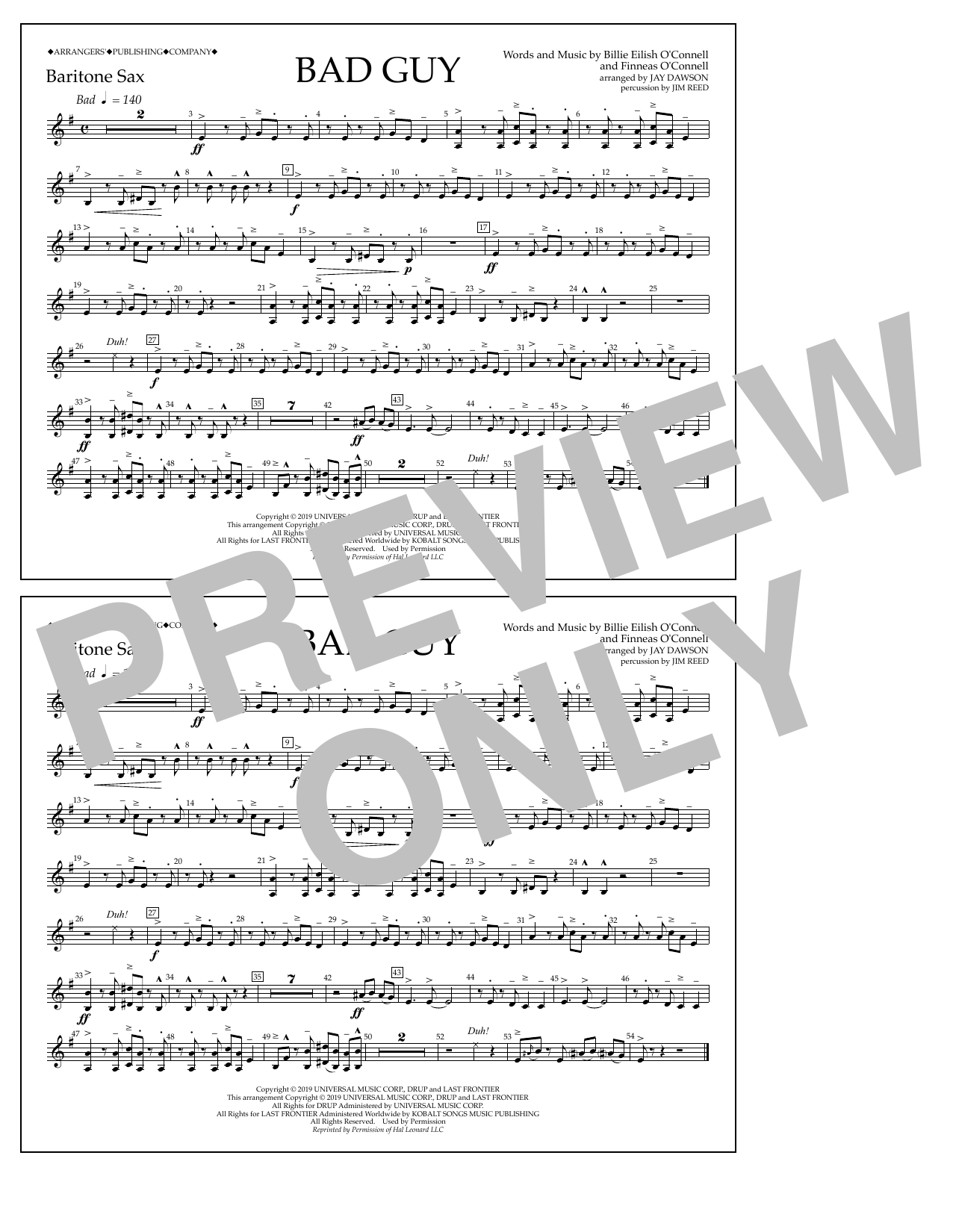 Download Billie Eilish Bad Guy (arr. Jay Dawson) - Bari Sax Sheet Music and learn how to play Marching Band PDF digital score in minutes