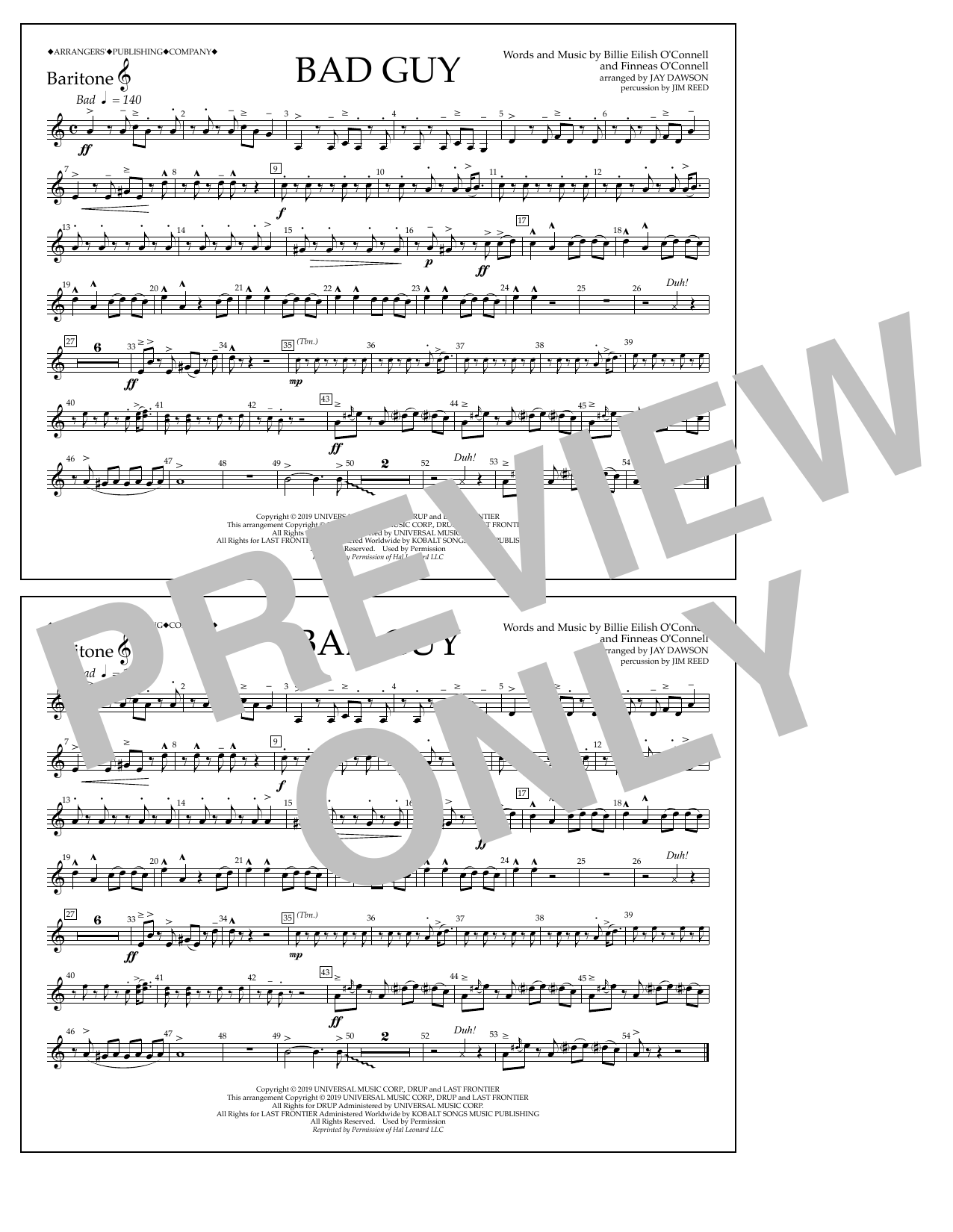 Download Billie Eilish Bad Guy (arr. Jay Dawson) - Baritone T.C. Sheet Music and learn how to play Marching Band PDF digital score in minutes