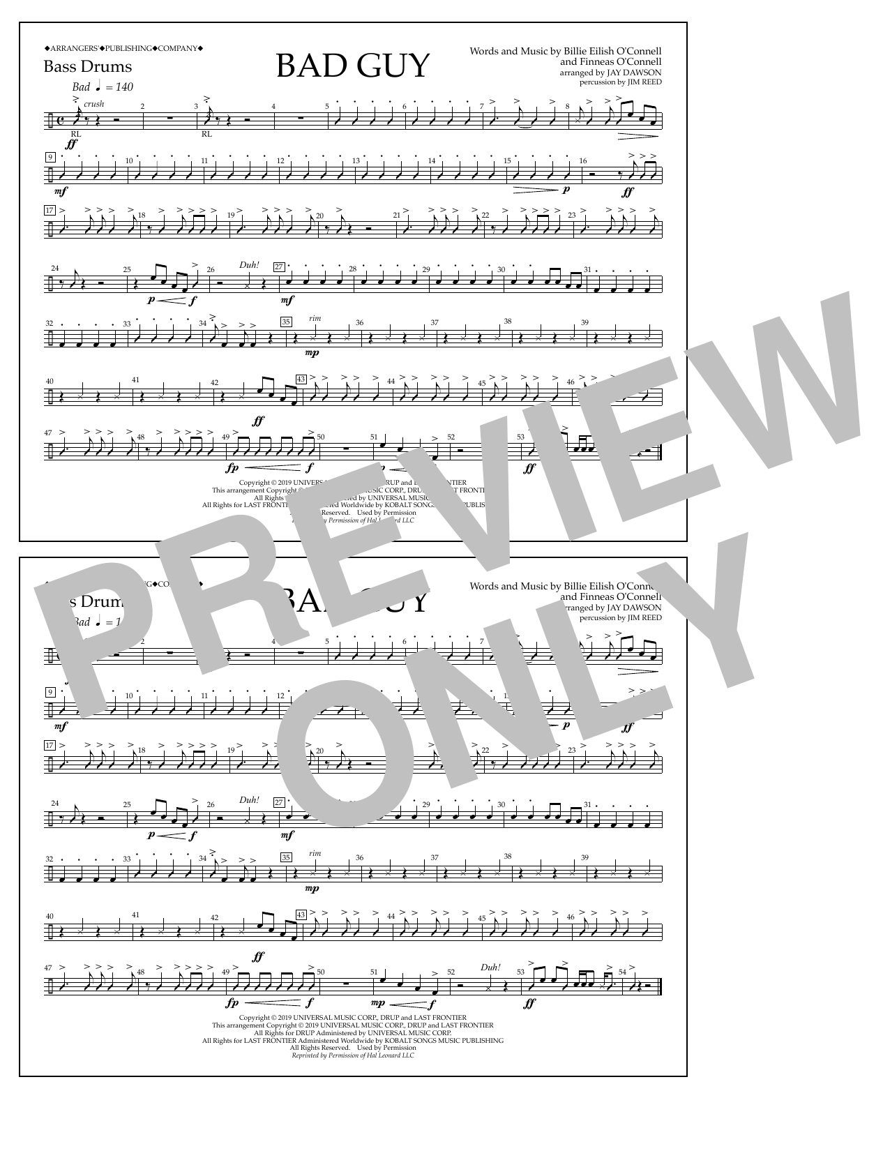 Download Billie Eilish Bad Guy (arr. Jay Dawson) - Bass Drums Sheet Music and learn how to play Marching Band PDF digital score in minutes