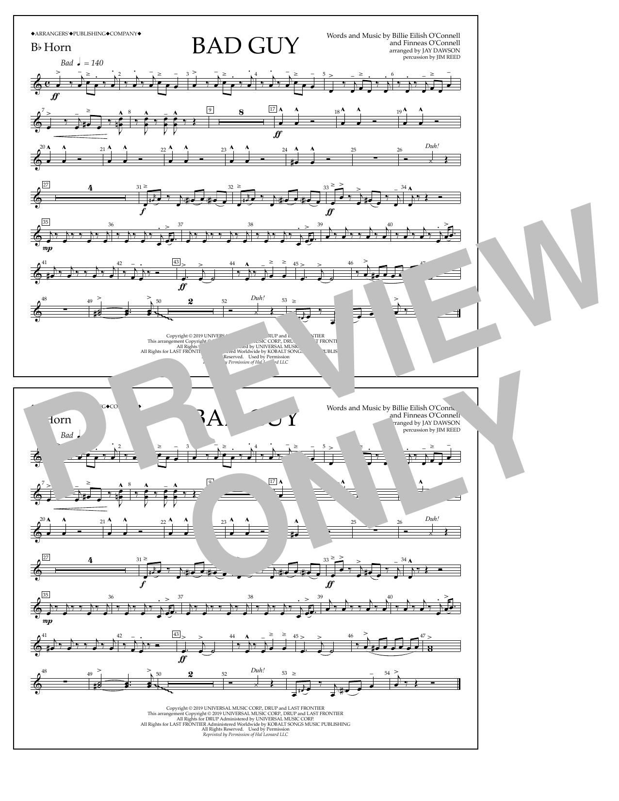 Download Billie Eilish Bad Guy (arr. Jay Dawson) - Bb Horn Sheet Music and learn how to play Marching Band PDF digital score in minutes